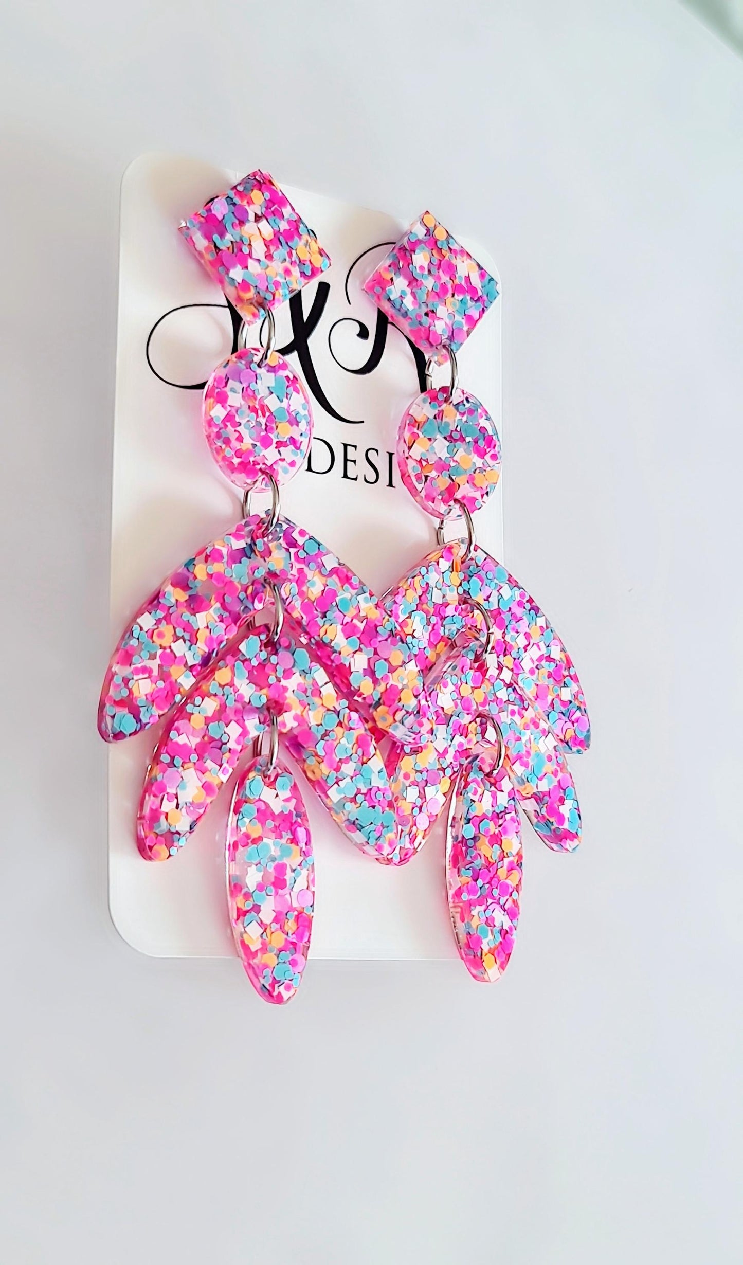 Glamour Pink Mix Leaves Long Drop Earrings. Pink Orange Aqua White Mix glitter resin dangles, Statement Chandelier made with Stainless Steel