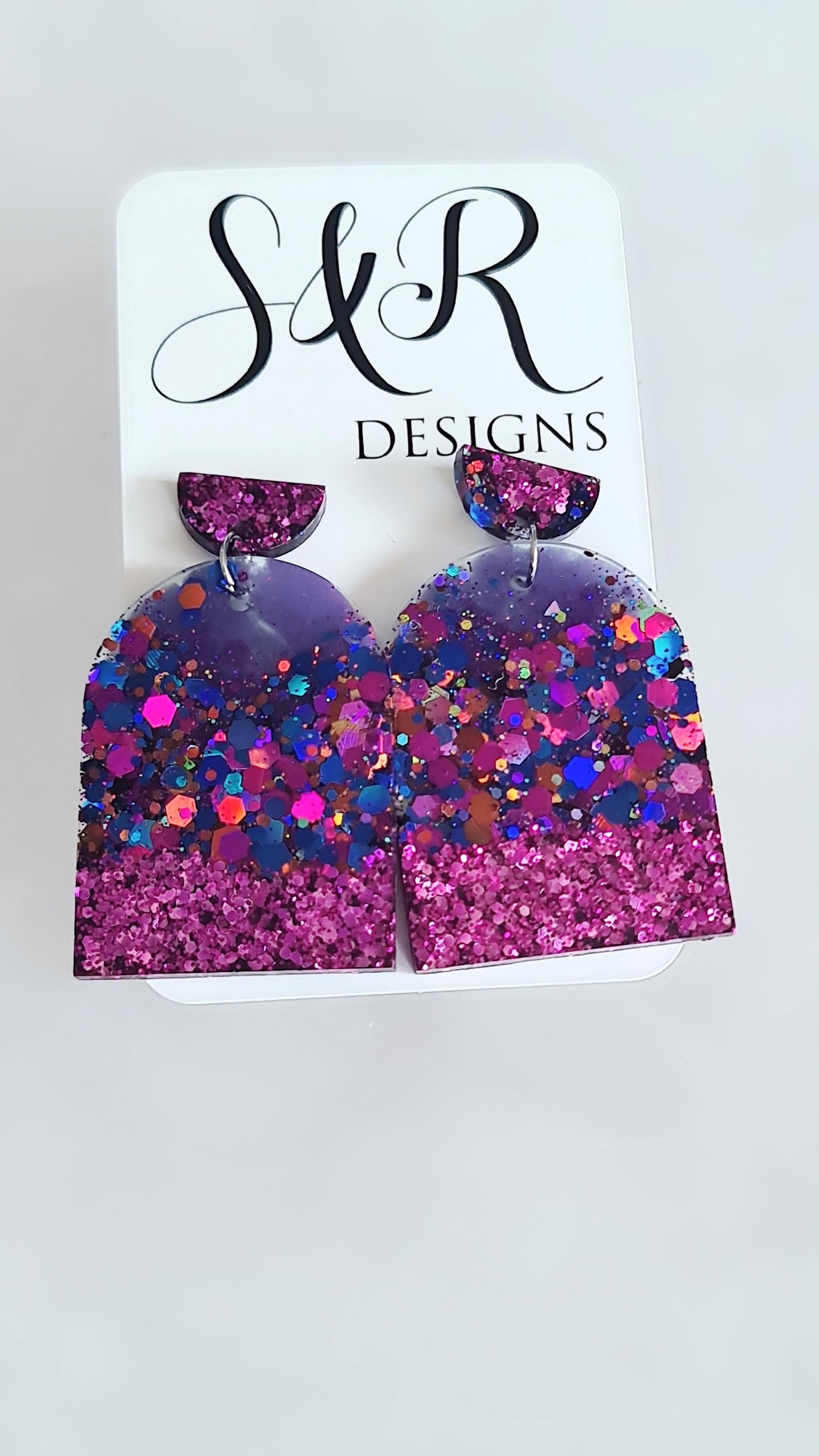 Purple Mix Drop Post Earrings, Glamour Glitter Arch Dangles, Purple Mix Chunky Glitter Handmade Resin, Statement Earrings