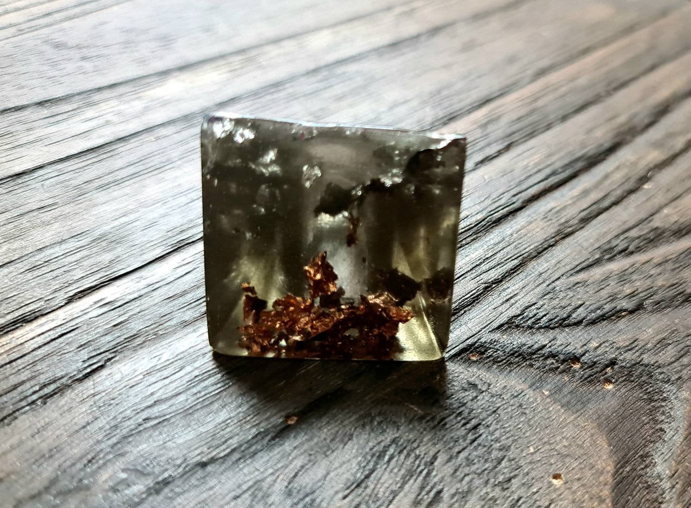 Square Resin Ring, Silver and Rosegold Leaf Smoky Grey Resin Ring, Handmade Size 7 US N AU