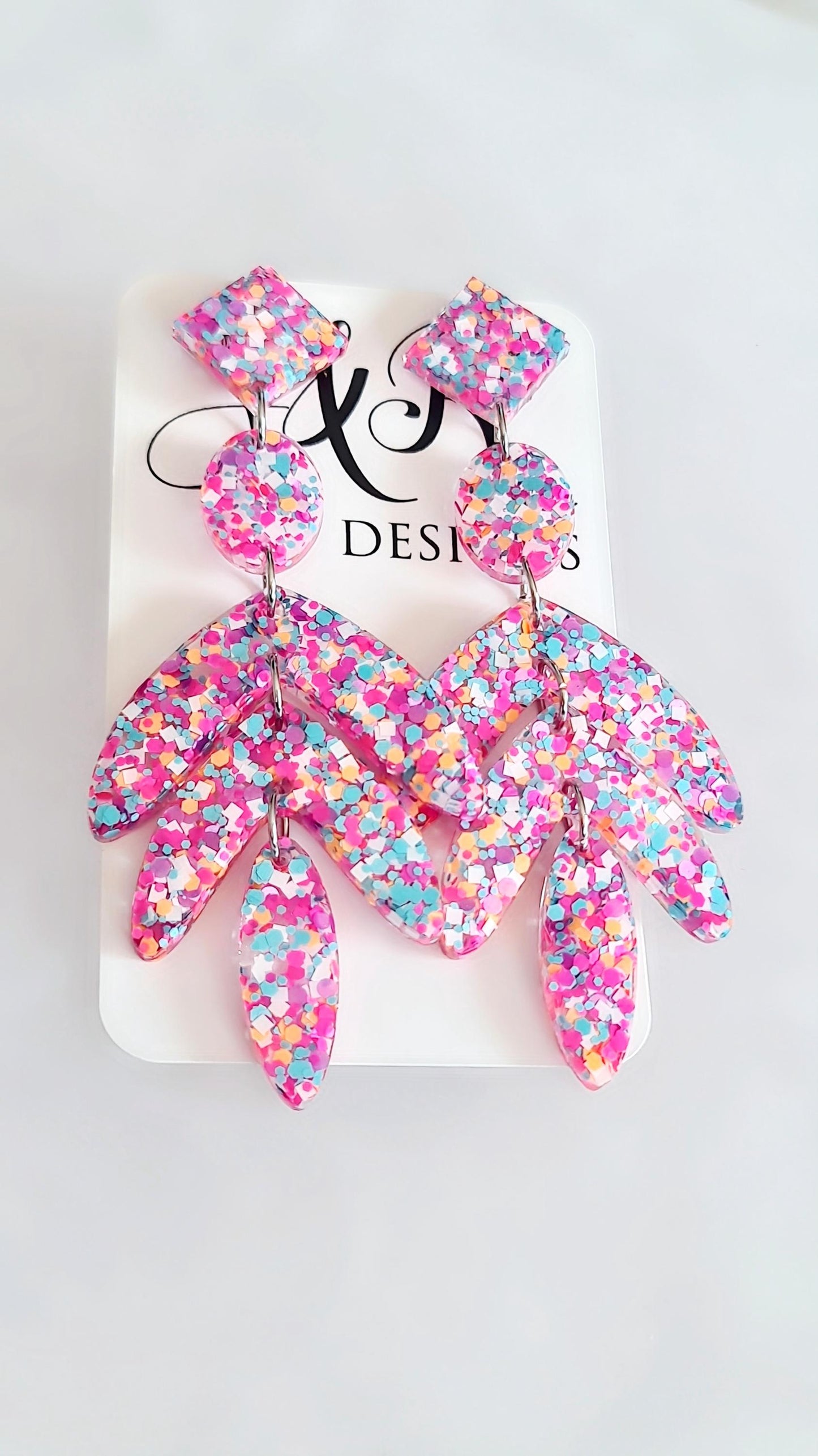 Glamour Pink Mix Leaves Long Drop Earrings. Pink Orange Aqua White Mix glitter resin dangles, Statement Chandelier made with Stainless Steel