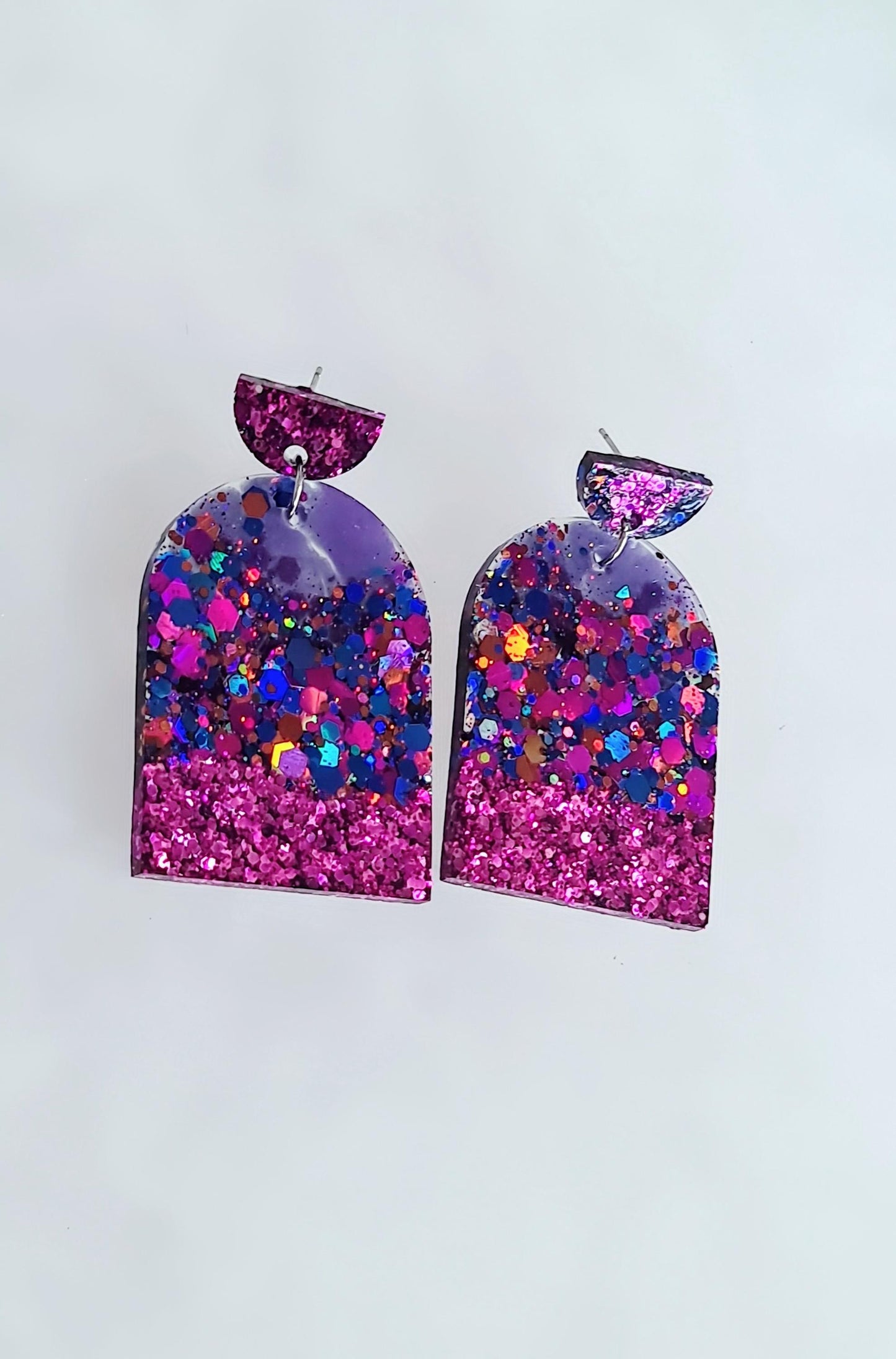 Purple Mix Drop Post Earrings, Glamour Glitter Arch Dangles, Purple Mix Chunky Glitter Handmade Resin, Statement Earrings