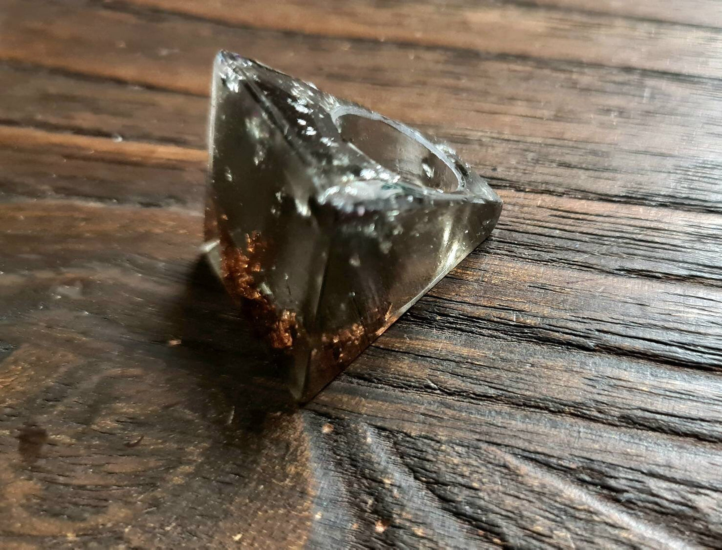 Square Resin Ring, Silver and Rosegold Leaf Smoky Grey Resin Ring, Handmade Size 7 US N AU