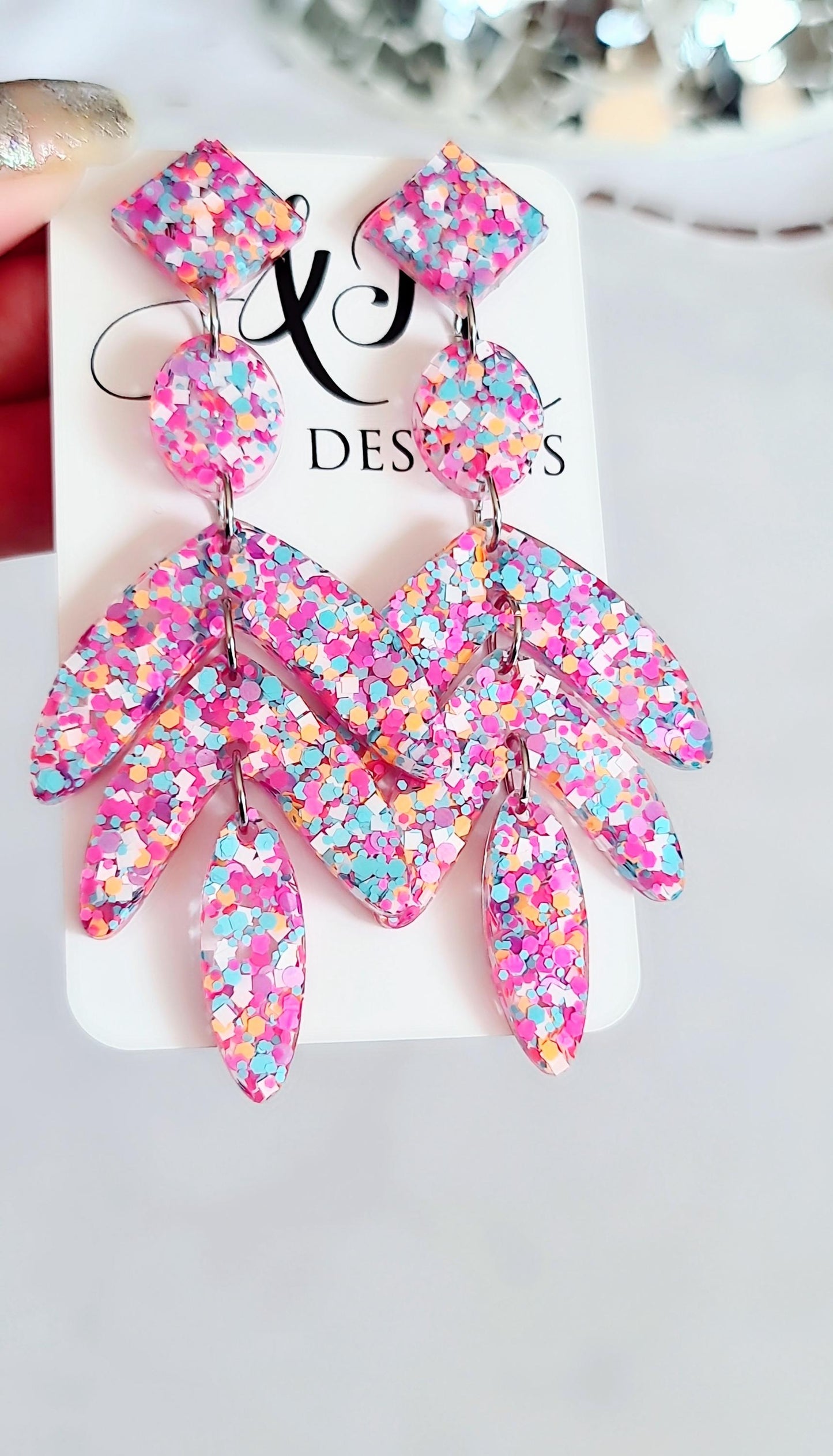Glamour Pink Mix Leaves Long Drop Earrings. Pink Orange Aqua White Mix glitter resin dangles, Statement Chandelier made with Stainless Steel