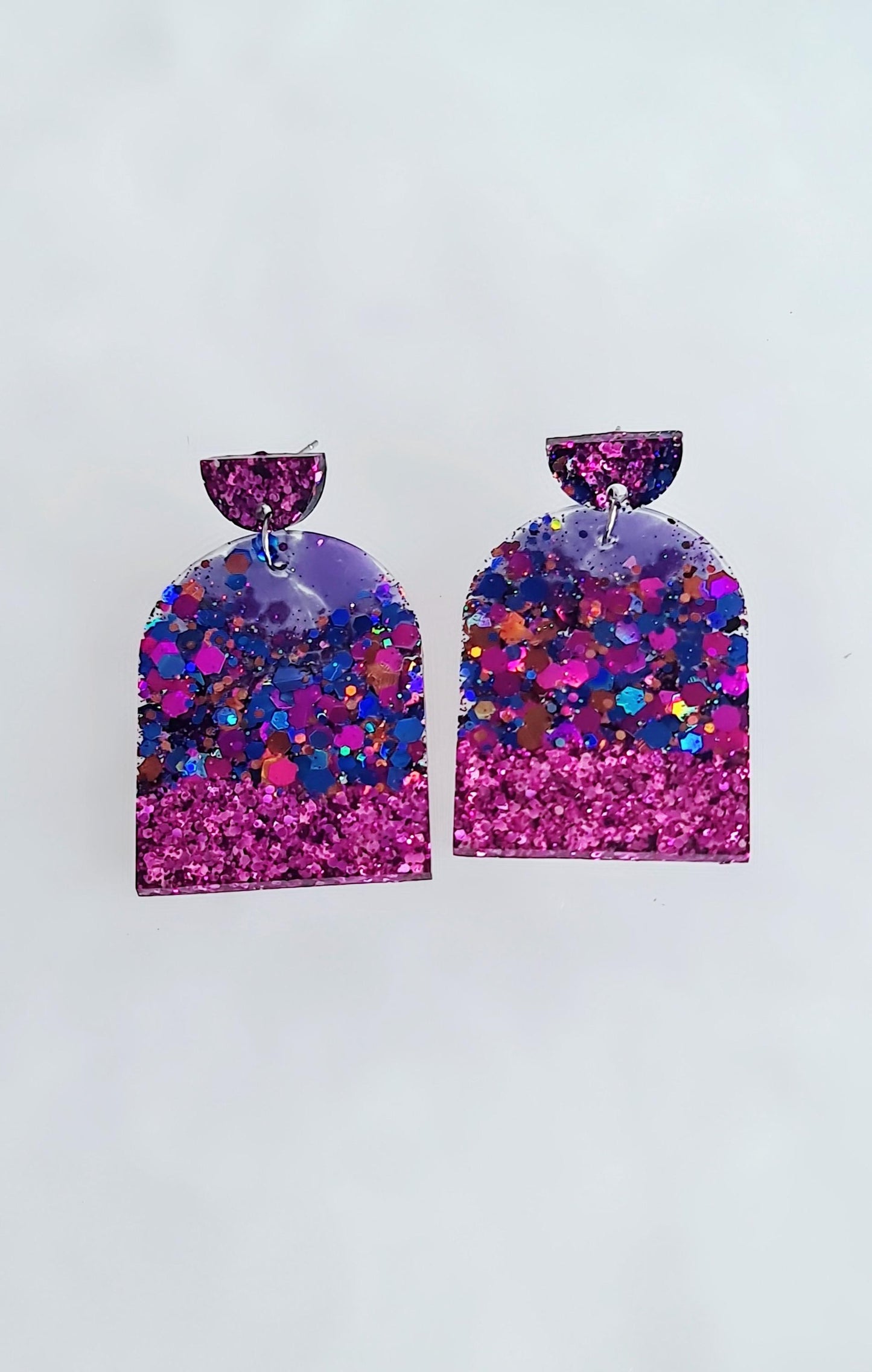 Purple Mix Drop Post Earrings, Glamour Glitter Arch Dangles, Purple Mix Chunky Glitter Handmade Resin, Statement Earrings