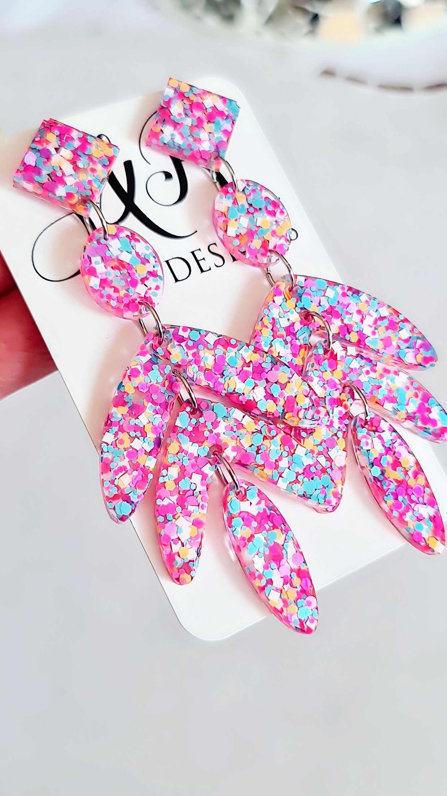 Glamour Pink Mix Leaves Long Drop Earrings. Pink Orange Aqua White Mix glitter resin dangles, Statement Chandelier made with Stainless Steel