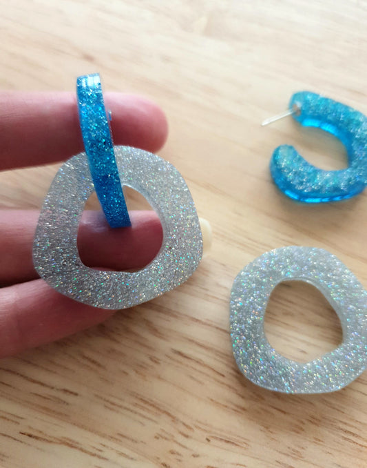 Blue Silver Holographic Hoop Link Dangle Drop Earrings, Glitter Resin Hoops with Stainless Steel. Unique Design Handmade Jewellery.