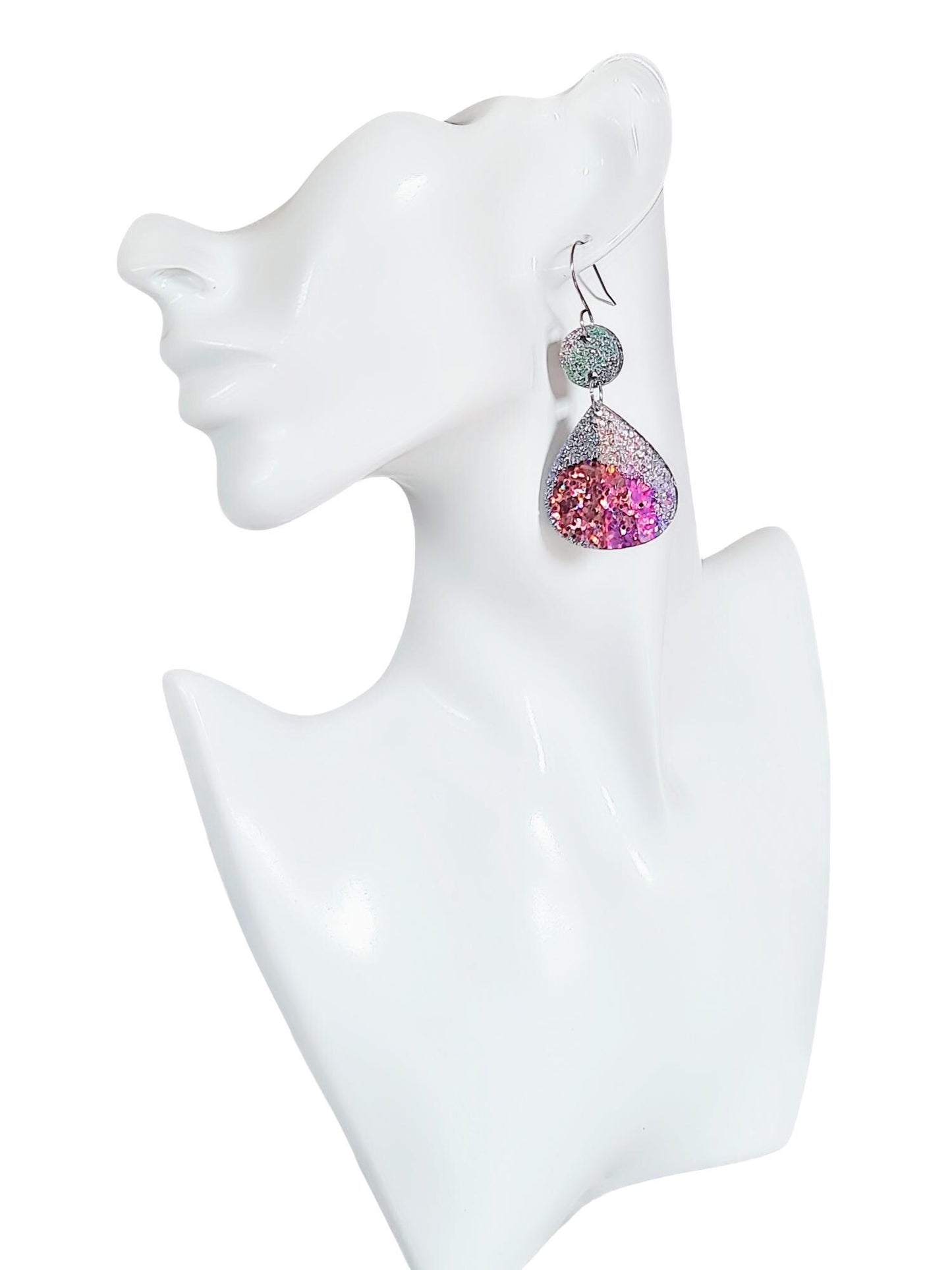 Silver and Rosegold Chameleon Teardrop Earwire Earrings, Glitter Changing to Rainbow Effects, Geometric Dangles, Statement Earrings