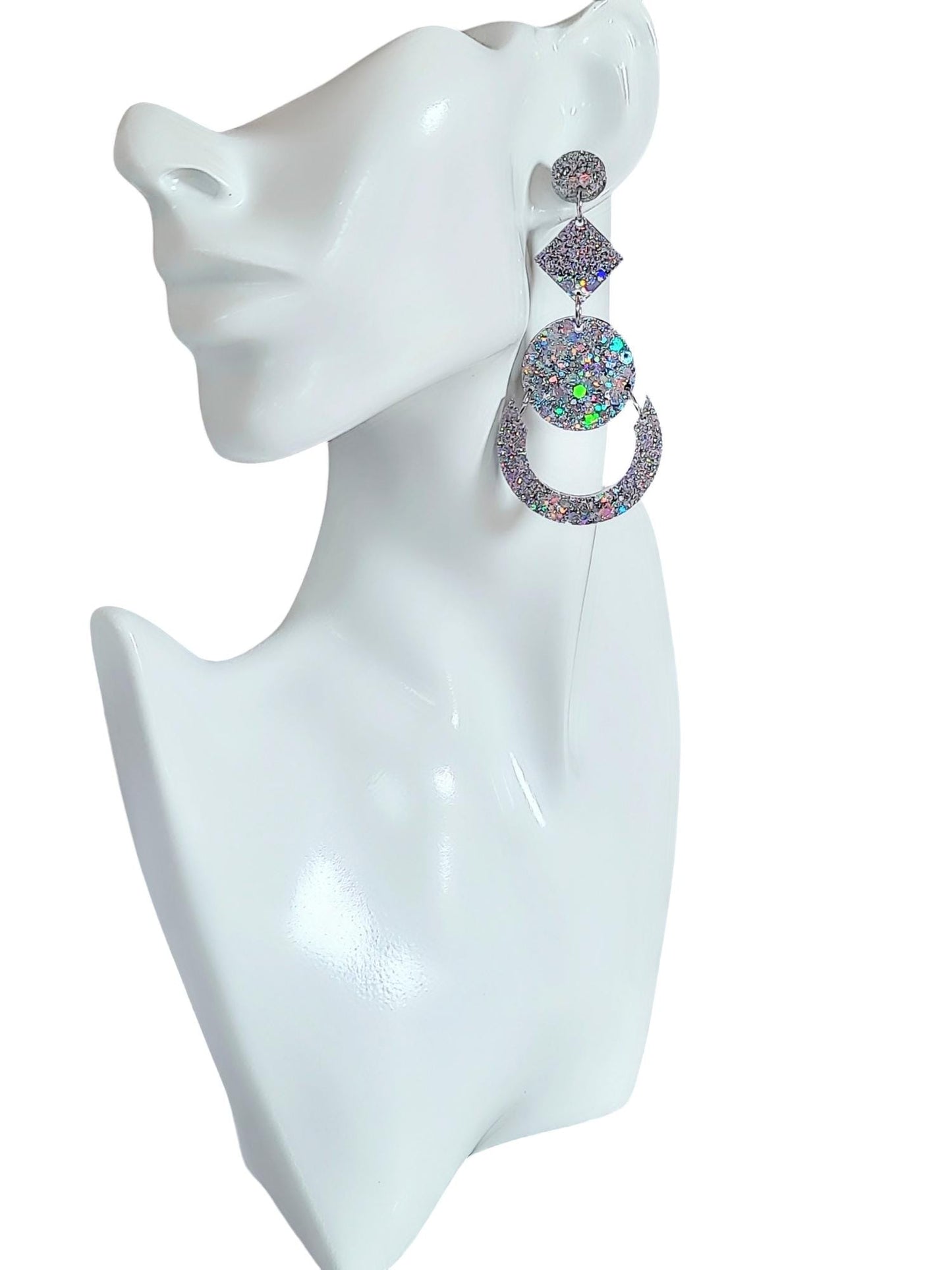 Glamorous Silver Holographic Oversized Long Earrings, Glitter Extra Super Long Circle Geometric Maximalist Dangles, Statement Earrings
