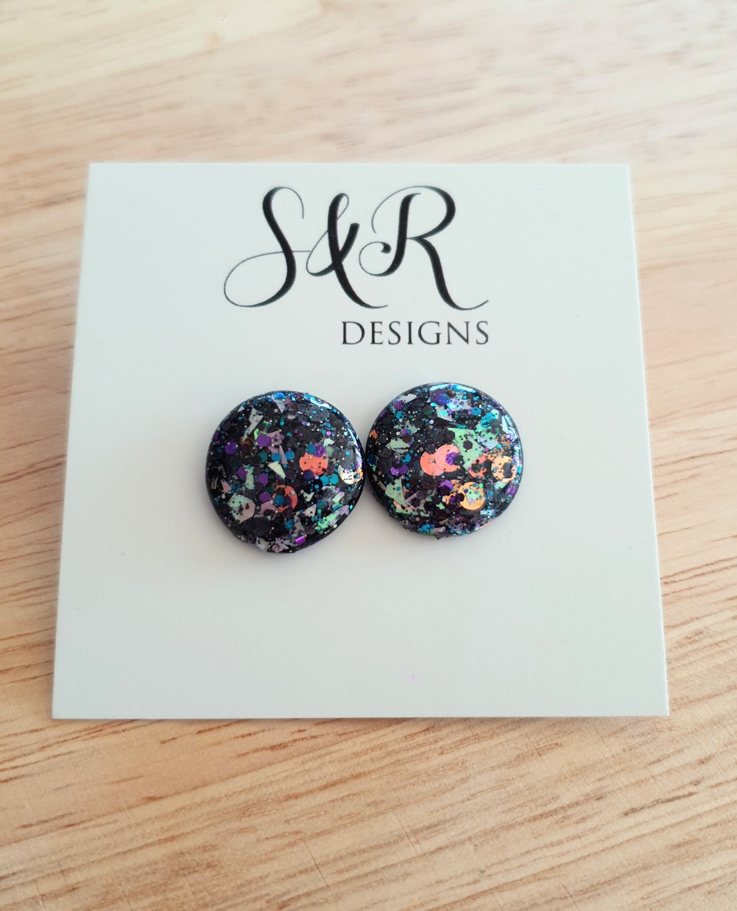 Black Holographic Circle Resin Stud Earrings, Chunky Metalic Mix Glitter Earrings. Stainless Steel Maximalist Studs. 18mm