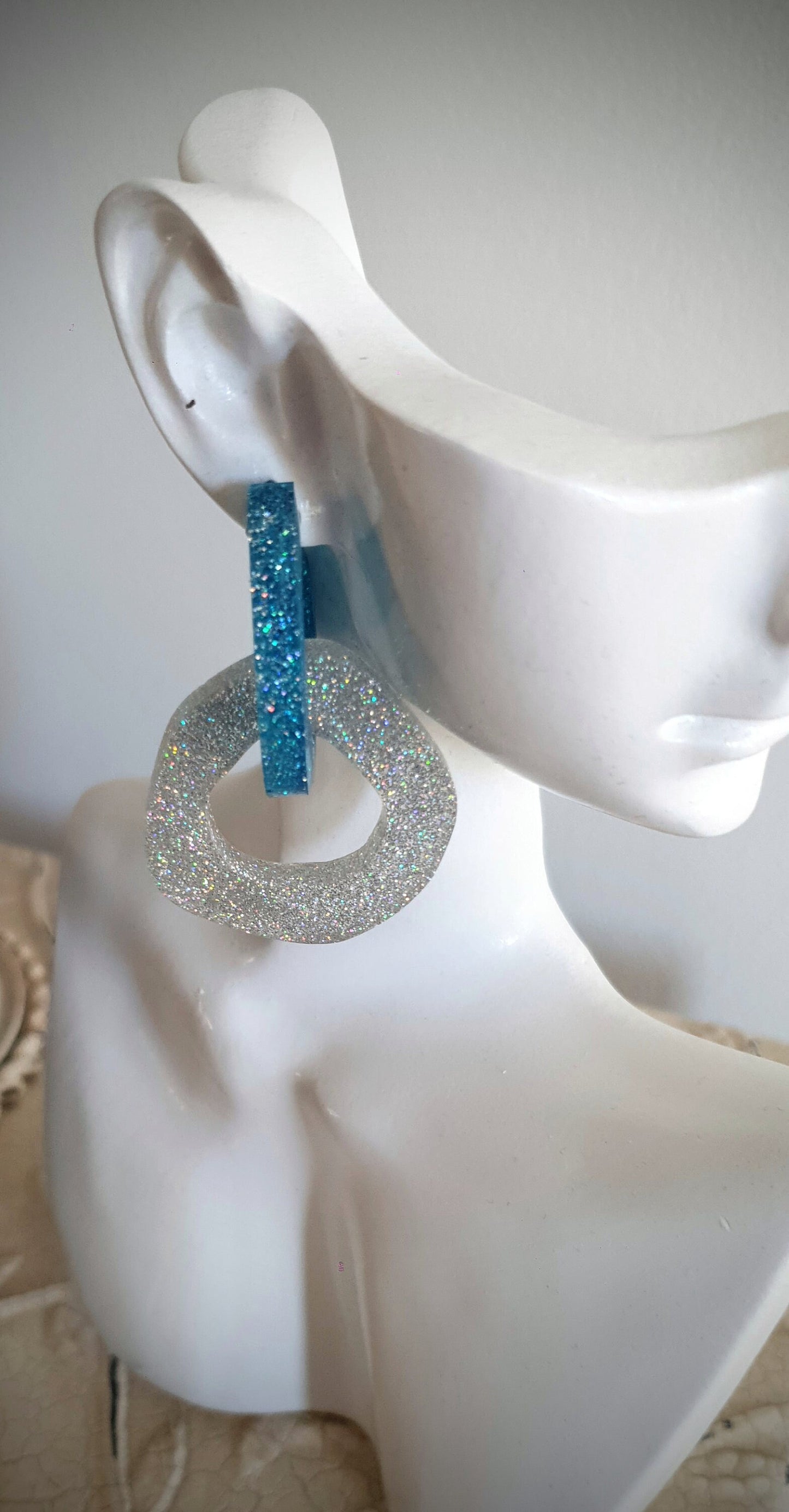 Blue Silver Holographic Hoop Link Dangle Drop Earrings, Glitter Resin Hoops with Stainless Steel. Unique Design Handmade Jewellery.