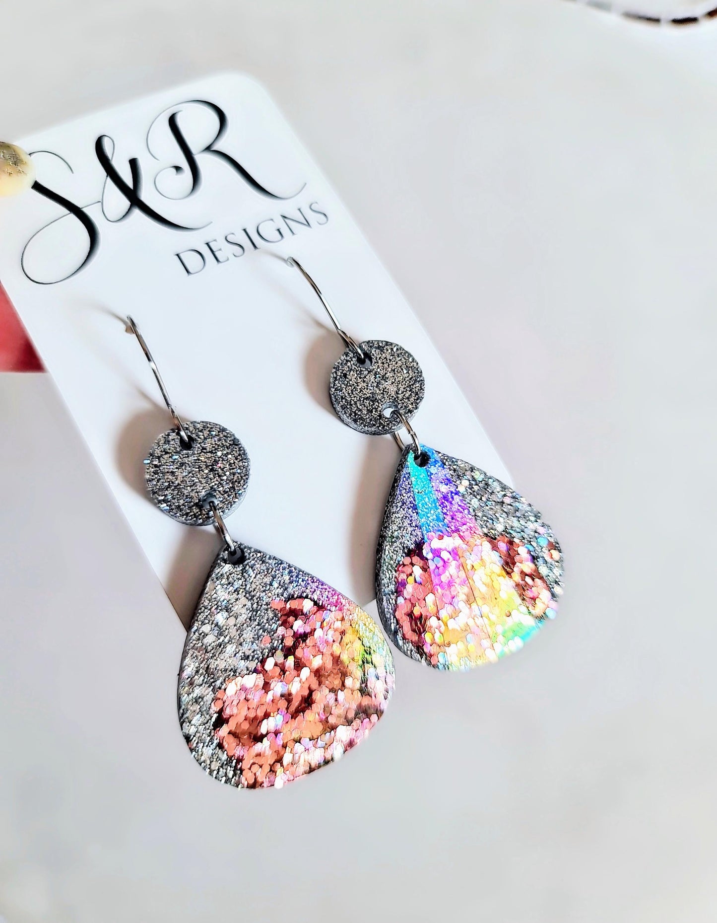 Silver and Rosegold Chameleon Teardrop Earwire Earrings, Glitter Changing to Rainbow Effects, Geometric Dangles, Statement Earrings