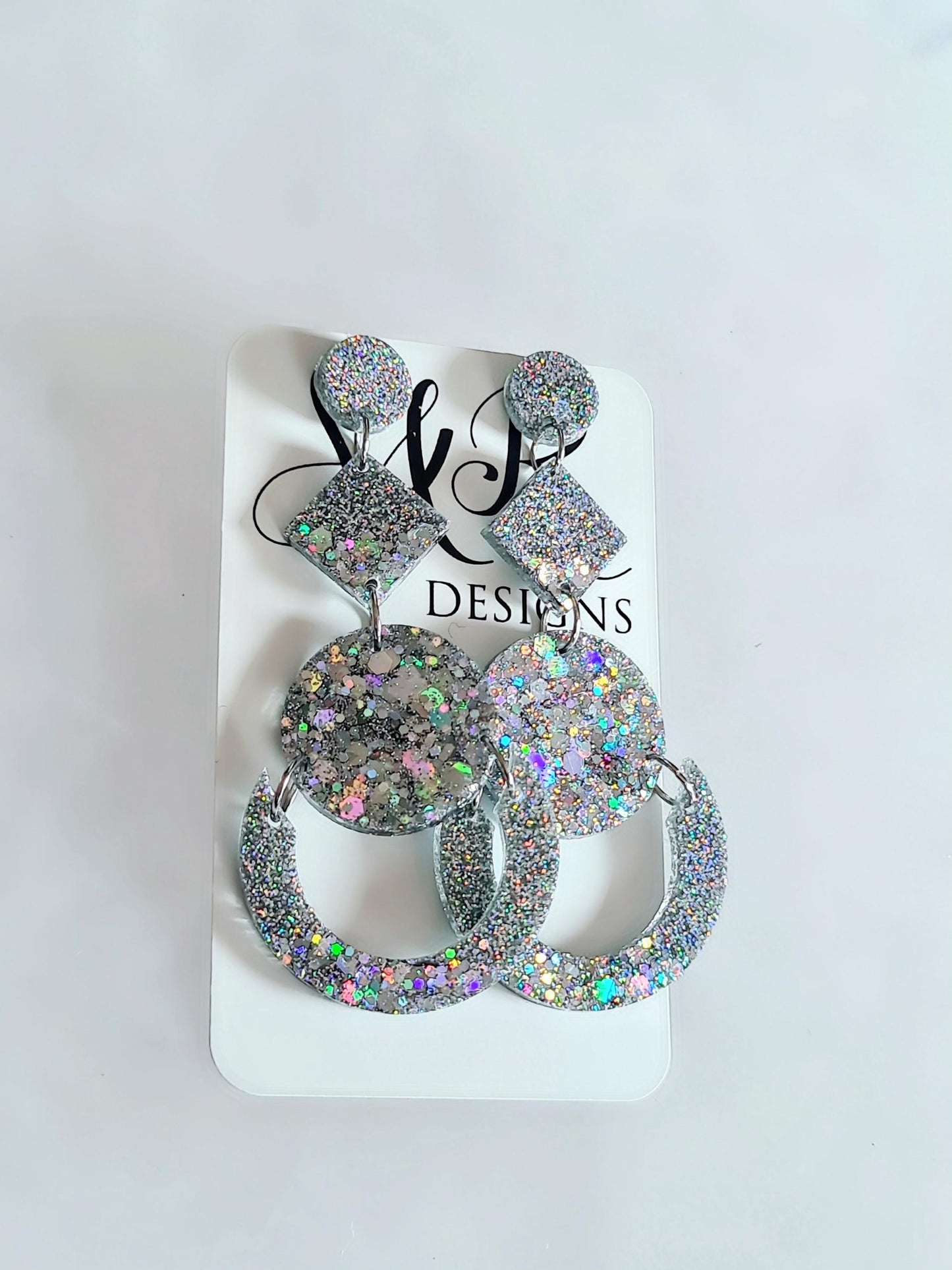 Glamorous Silver Holographic Oversized Long Earrings, Glitter Extra Super Long Circle Geometric Maximalist Dangles, Statement Earrings