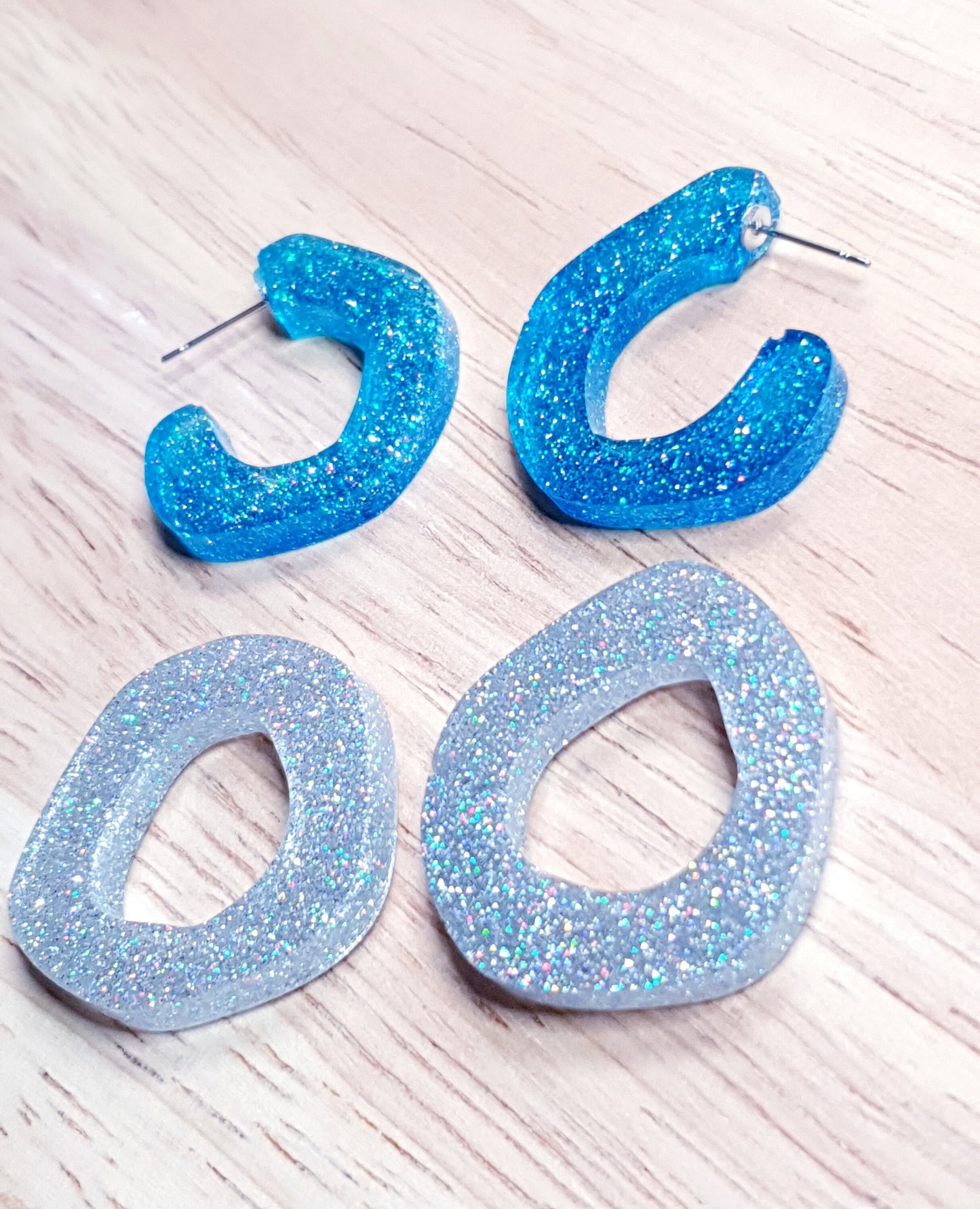 Blue Silver Holographic Hoop Link Dangle Drop Earrings, Glitter Resin Hoops with Stainless Steel. Unique Design Handmade Jewellery.