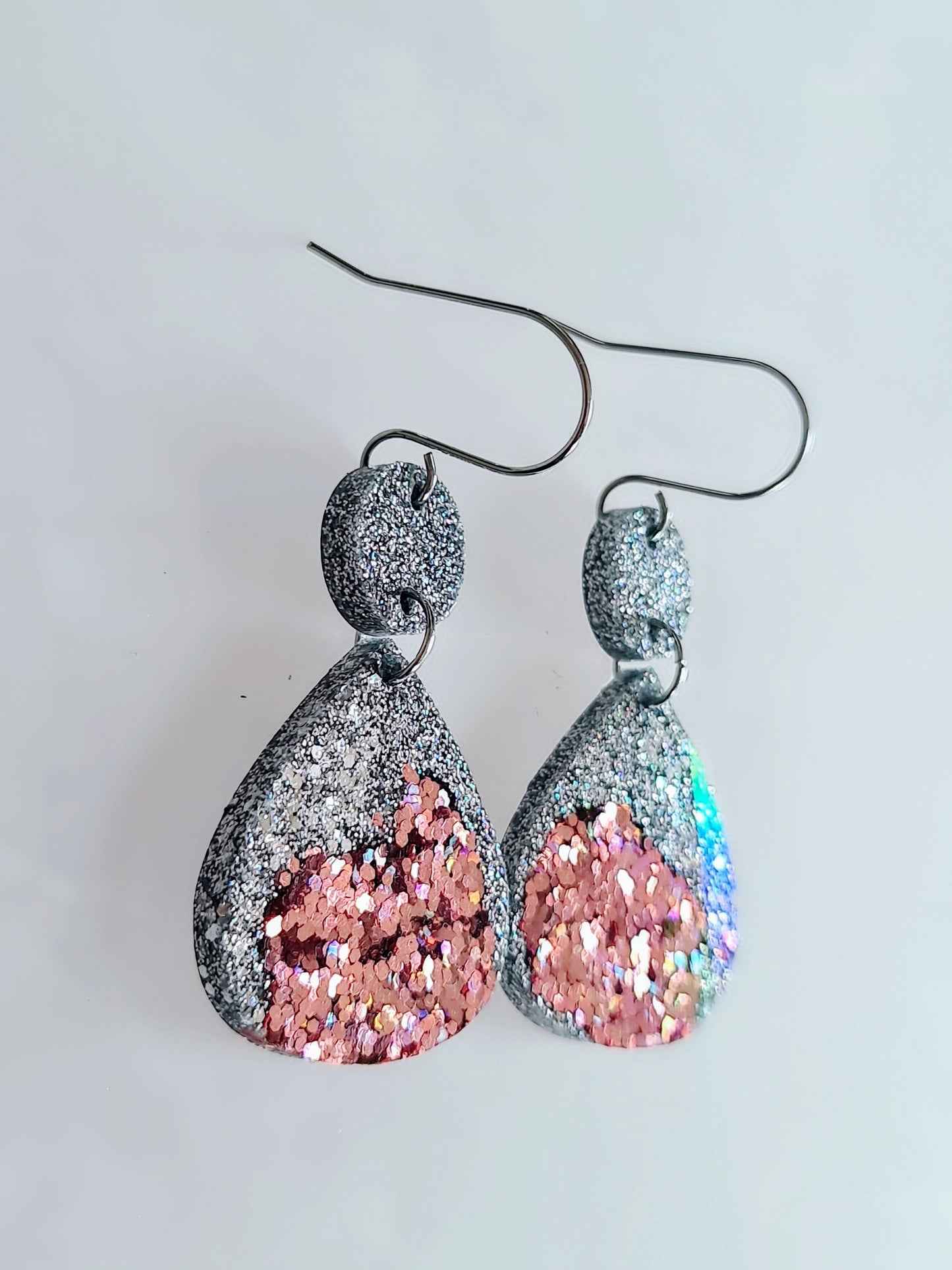 Silver and Rosegold Chameleon Teardrop Earwire Earrings, Glitter Changing to Rainbow Effects, Geometric Dangles, Statement Earrings