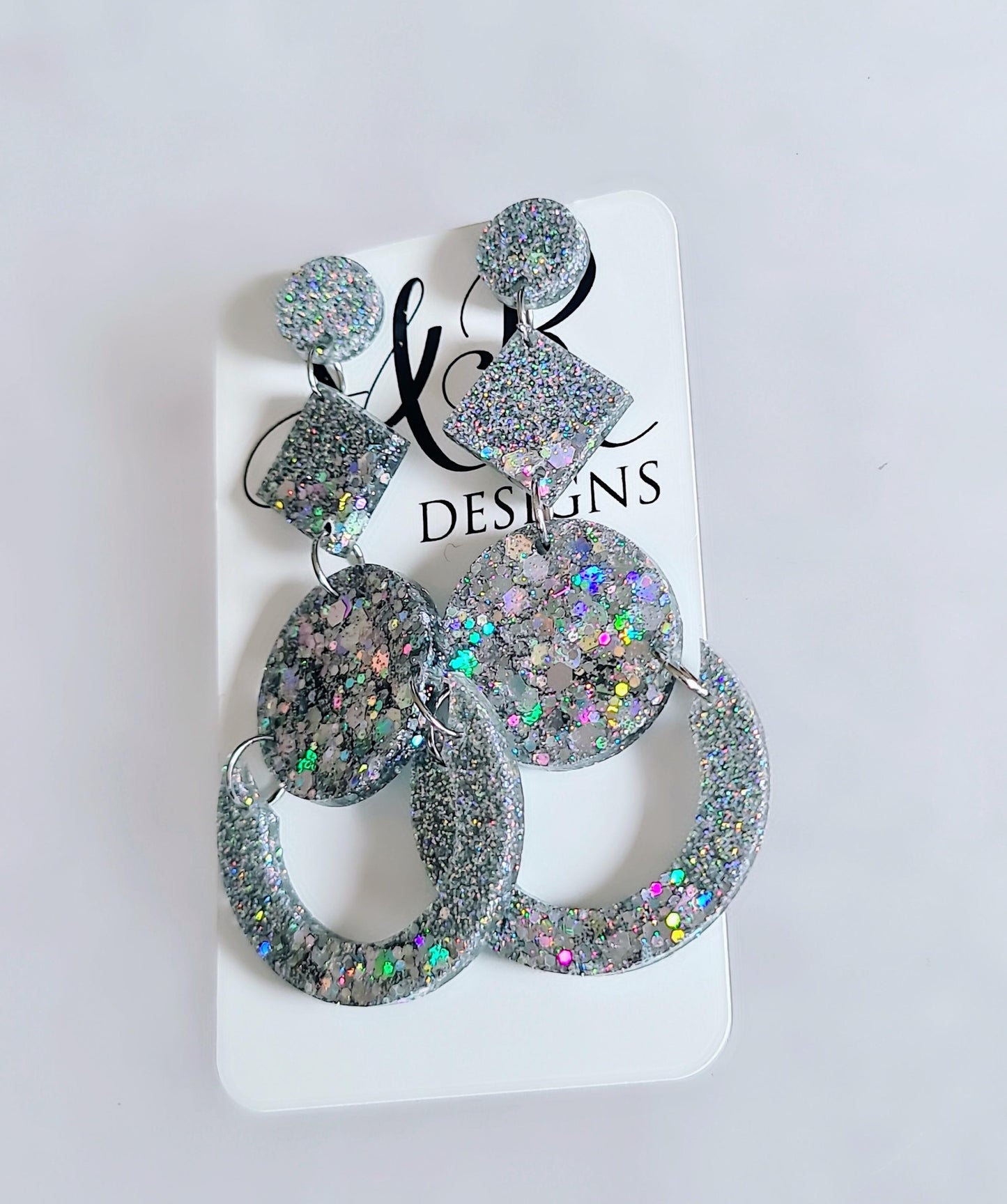Glamorous Silver Holographic Oversized Long Earrings, Glitter Extra Super Long Circle Geometric Maximalist Dangles, Statement Earrings