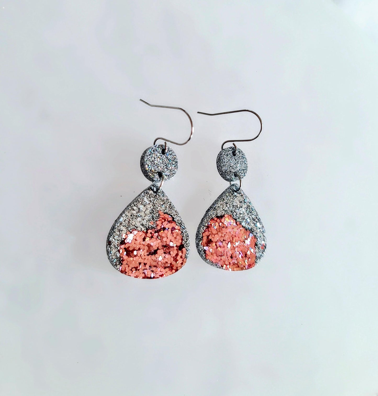 Silver and Rosegold Chameleon Teardrop Earwire Earrings, Glitter Changing to Rainbow Effects, Geometric Dangles, Statement Earrings