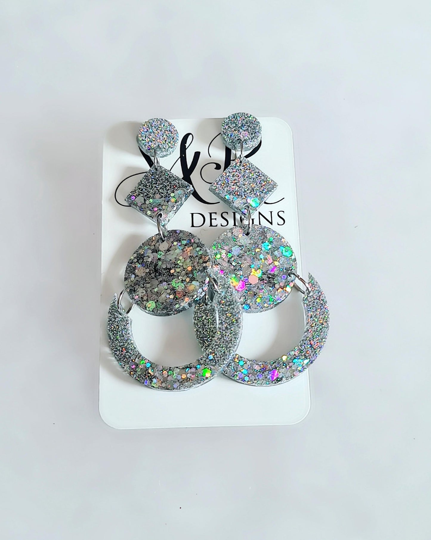 Glamorous Silver Holographic Oversized Long Earrings, Glitter Extra Super Long Circle Geometric Maximalist Dangles, Statement Earrings