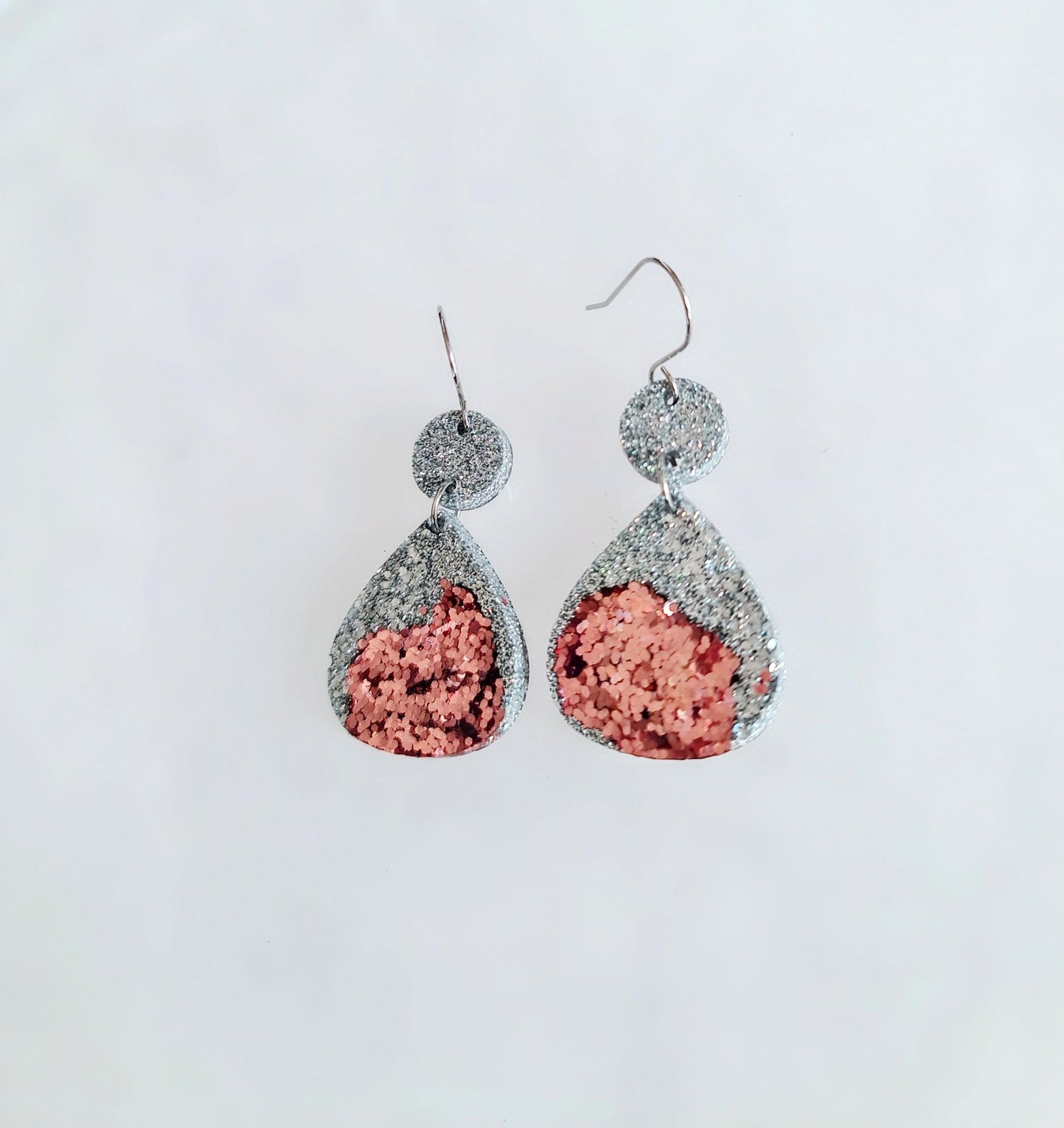 Silver and Rosegold Chameleon Teardrop Earwire Earrings, Glitter Changing to Rainbow Effects, Geometric Dangles, Statement Earrings