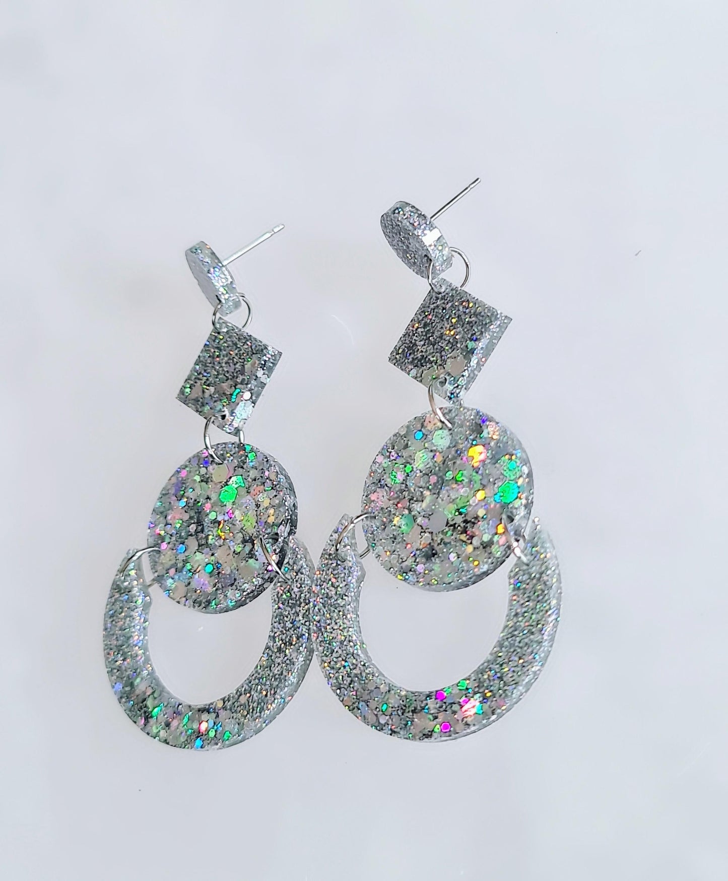 Glamorous Silver Holographic Oversized Long Earrings, Glitter Extra Super Long Circle Geometric Maximalist Dangles, Statement Earrings
