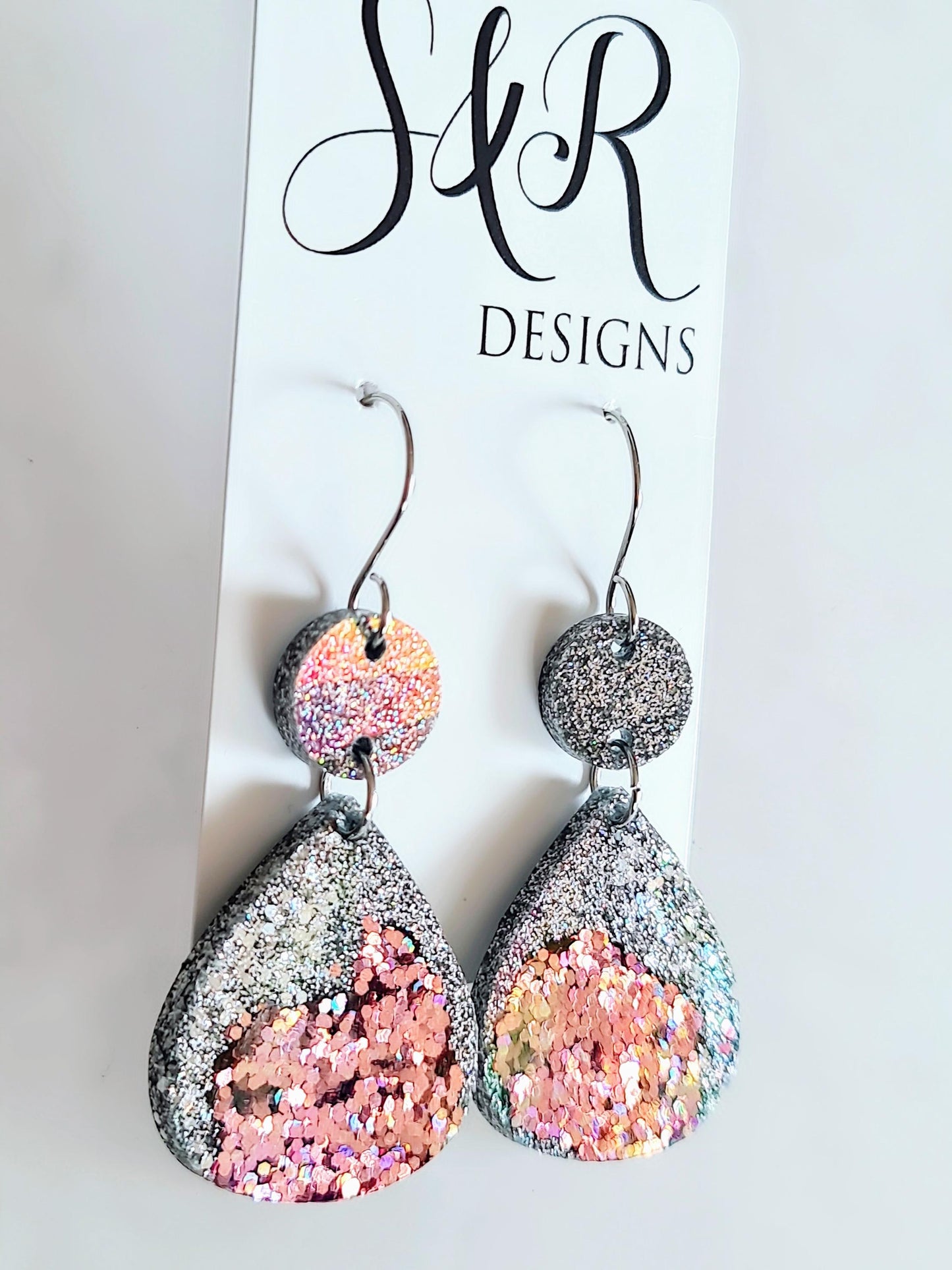 Silver and Rosegold Chameleon Teardrop Earwire Earrings, Glitter Changing to Rainbow Effects, Geometric Dangles, Statement Earrings