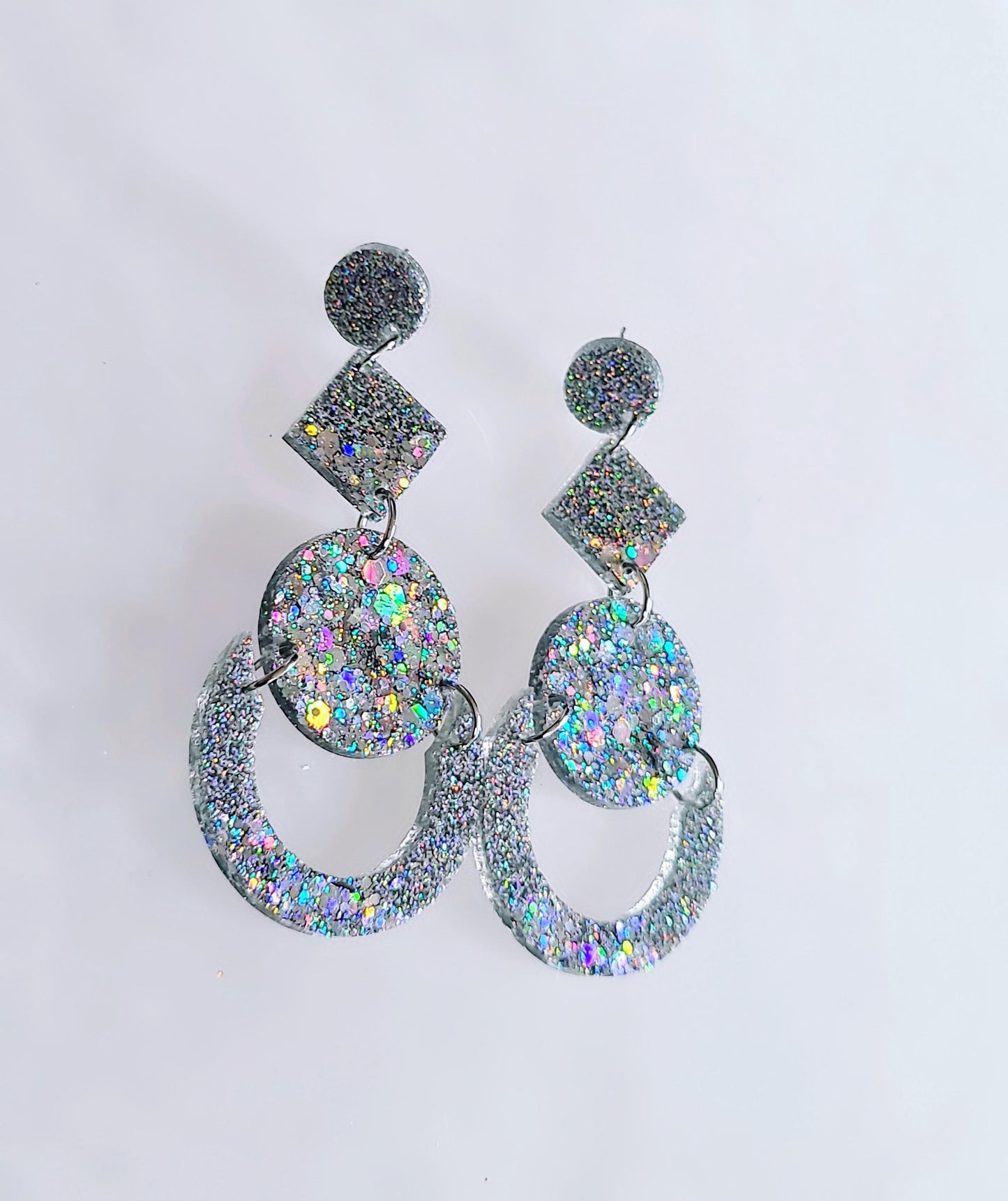 Glamorous Silver Holographic Oversized Long Earrings, Glitter Extra Super Long Circle Geometric Maximalist Dangles, Statement Earrings