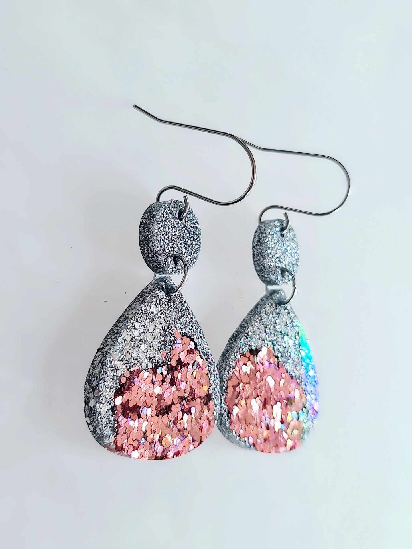 Silver and Rosegold Chameleon Teardrop Earwire Earrings, Glitter Changing to Rainbow Effects, Geometric Dangles, Statement Earrings