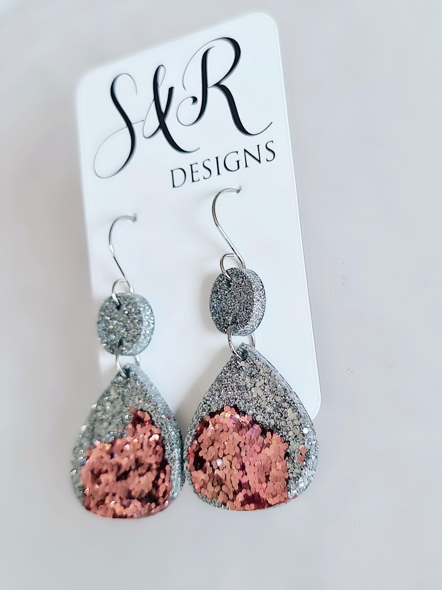 Silver and Rosegold Chameleon Teardrop Earwire Earrings, Glitter Changing to Rainbow Effects, Geometric Dangles, Statement Earrings