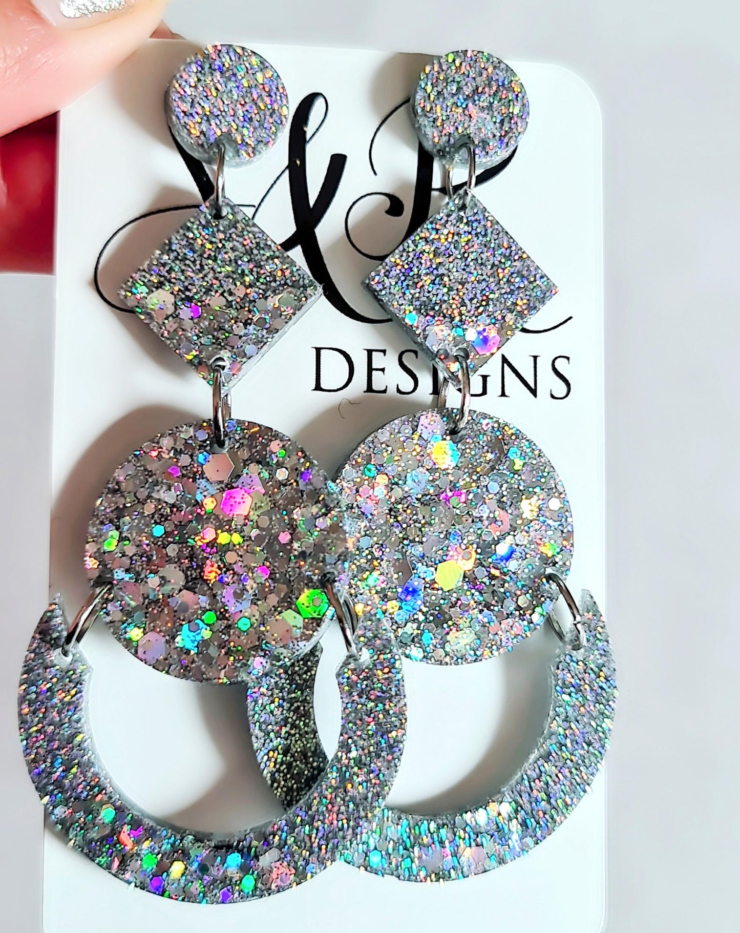 Glamorous Silver Holographic Oversized Long Earrings, Glitter Extra Super Long Circle Geometric Maximalist Dangles, Statement Earrings