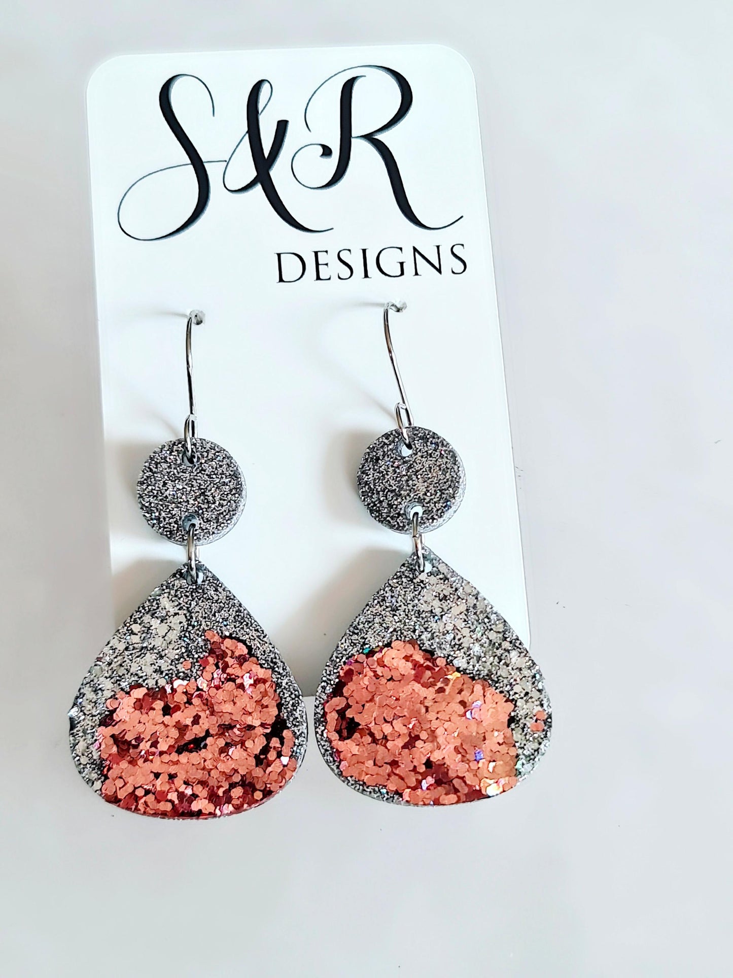 Silver and Rosegold Chameleon Teardrop Earwire Earrings, Glitter Changing to Rainbow Effects, Geometric Dangles, Statement Earrings