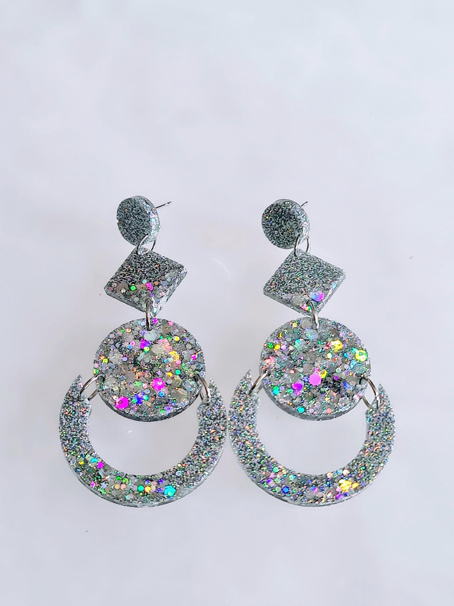 Glamorous Silver Holographic Oversized Long Earrings, Glitter Extra Super Long Circle Geometric Maximalist Dangles, Statement Earrings