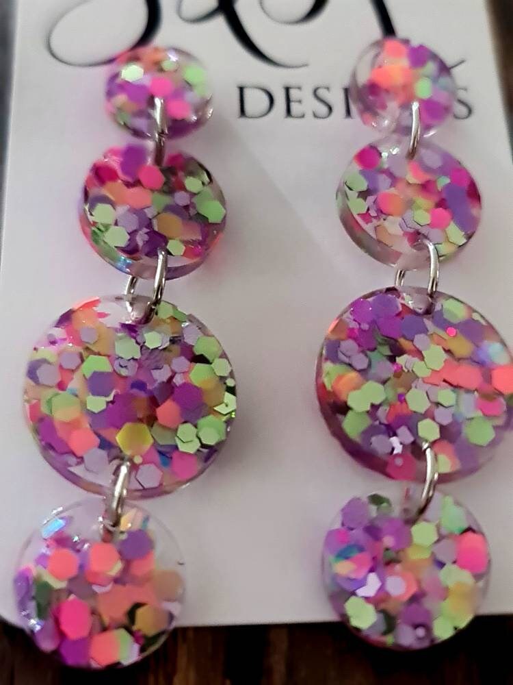 Rainbow Circle Long Dangle Earrings, Statement Earrings, Rainbow Delight Glitter Dangle Stud Earrings