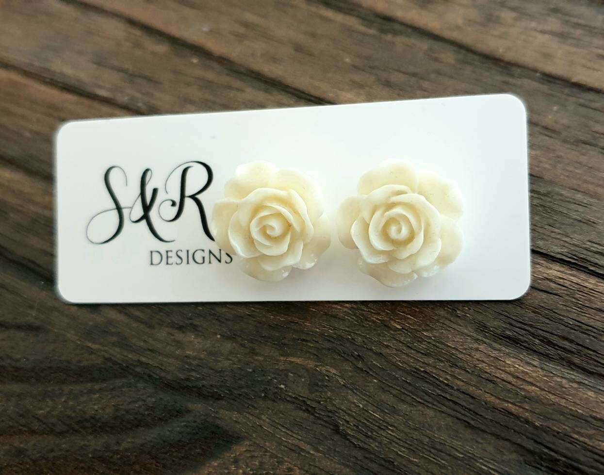 Cream Roses Resin Stud Earrings, Flower Rose Earrings. Stainless Steel Stud Earrings.