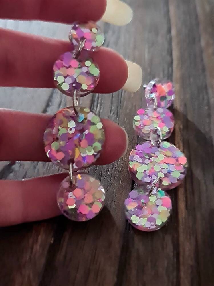 Rainbow Circle Long Dangle Earrings, Statement Earrings, Rainbow Delight Glitter Dangle Stud Earrings