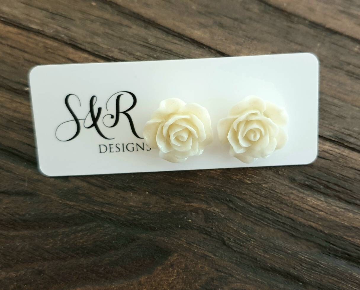 Cream Roses Resin Stud Earrings, Flower Rose Earrings. Stainless Steel Stud Earrings.