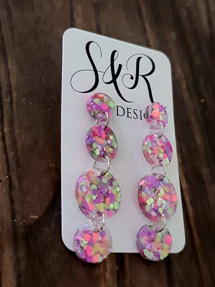 Rainbow Circle Long Dangle Earrings, Statement Earrings, Rainbow Delight Glitter Dangle Stud Earrings