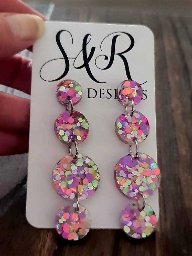 Rainbow Circle Long Dangle Earrings, Statement Earrings, Rainbow Delight Glitter Dangle Stud Earrings