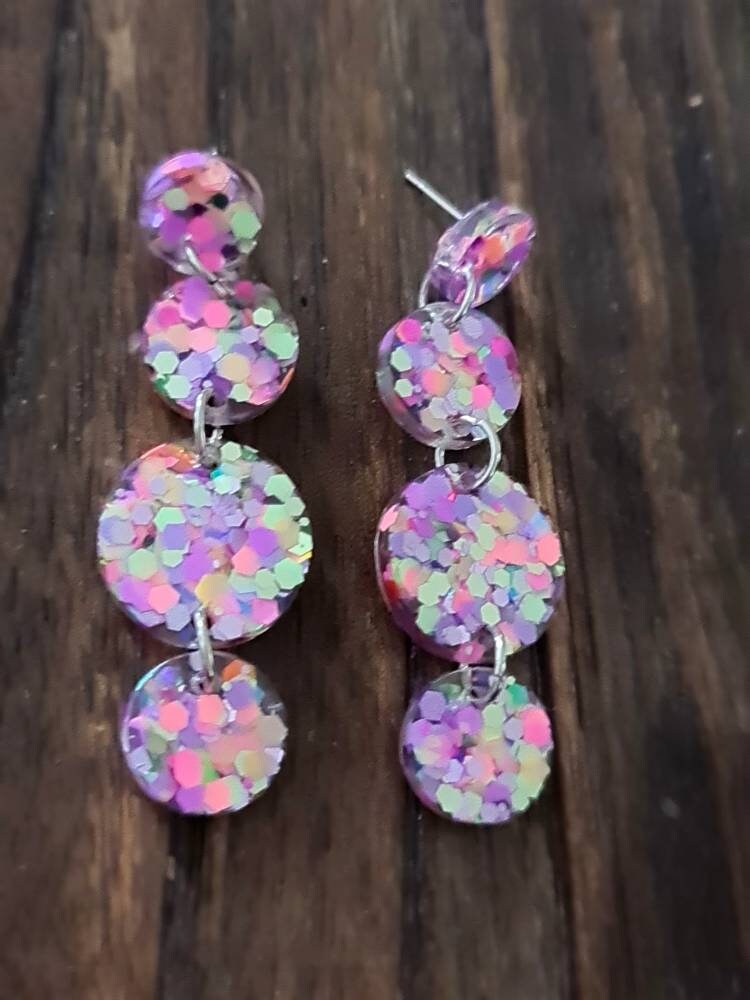 Rainbow Circle Long Dangle Earrings, Statement Earrings, Rainbow Delight Glitter Dangle Stud Earrings