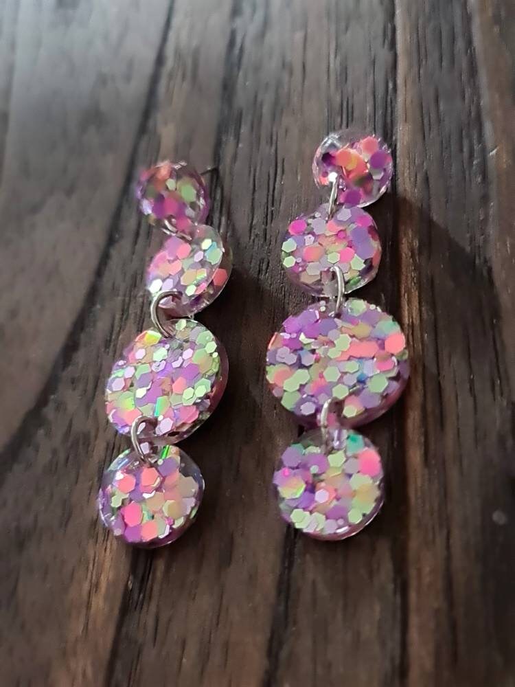 Rainbow Circle Long Dangle Earrings, Statement Earrings, Rainbow Delight Glitter Dangle Stud Earrings