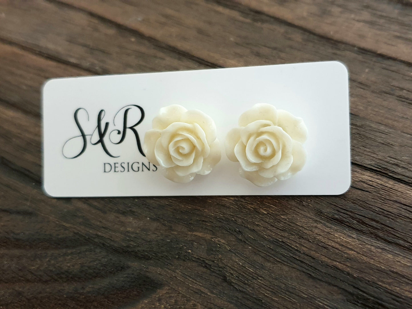 Cream Roses Resin Stud Earrings, Flower Rose Earrings. Stainless Steel Stud Earrings.