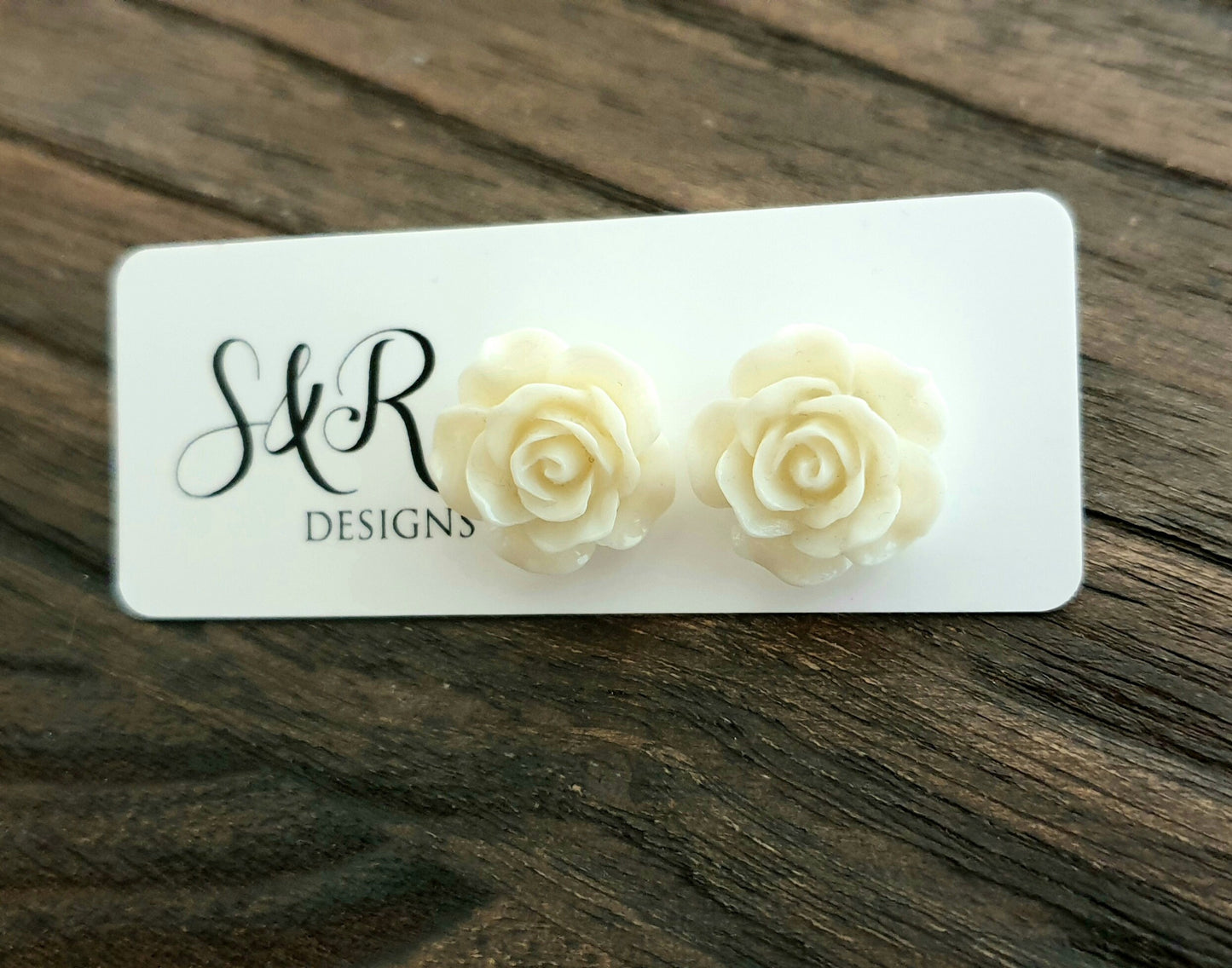 Cream Roses Resin Stud Earrings, Flower Rose Earrings. Stainless Steel Stud Earrings.