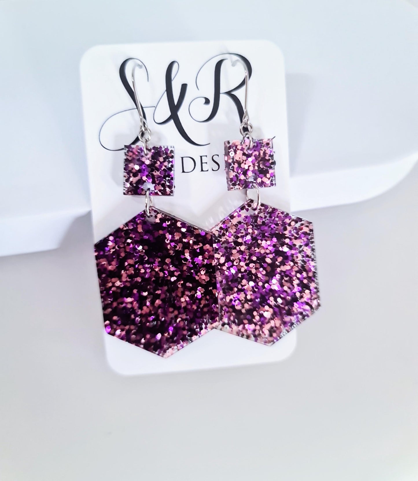 Purple Black Pink Mix Hexagon Square Dangle Drop Hook Earwire Earrings, Glitter Resin Handmade Dangles, Statement Hypoallergenic Earrings