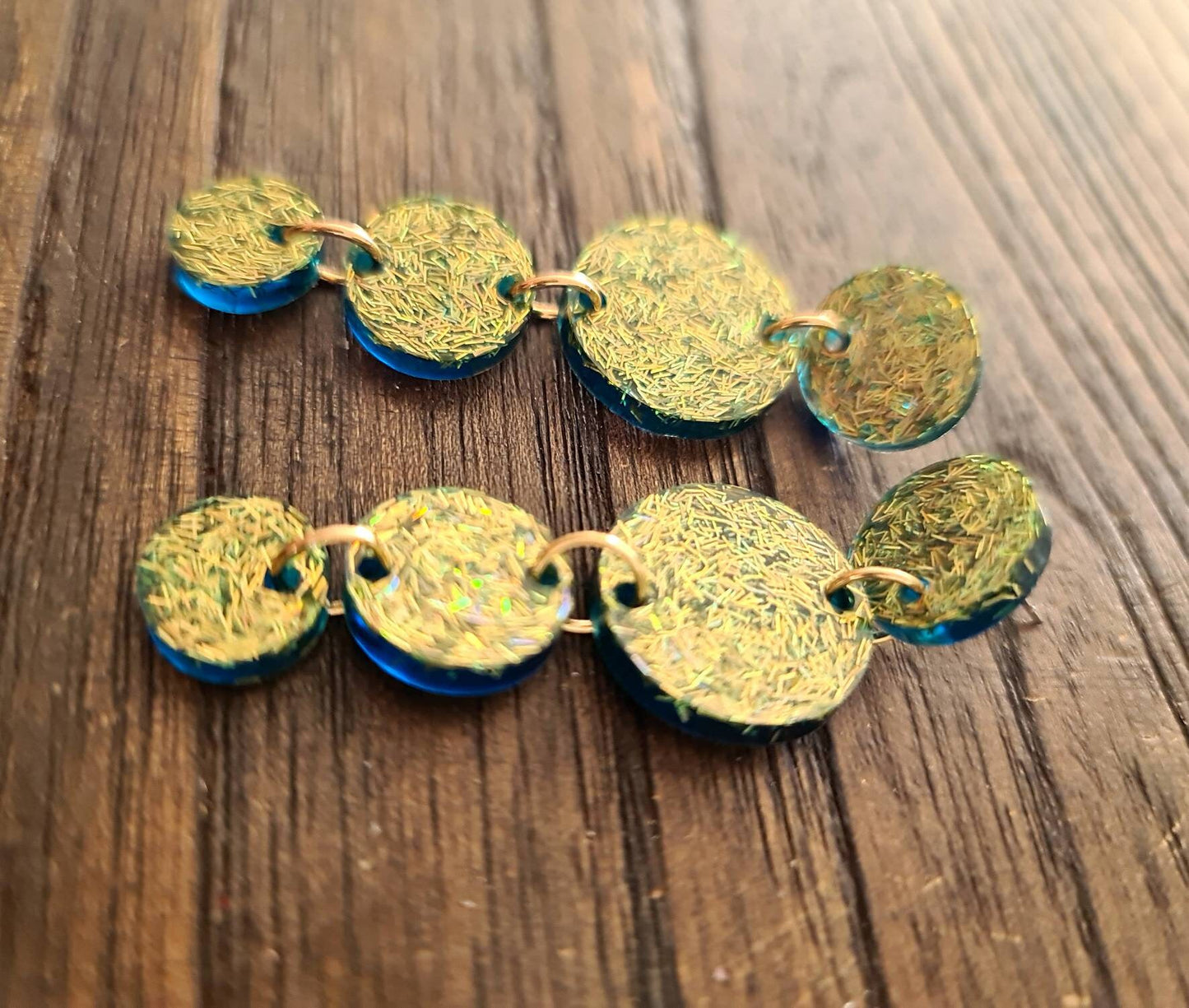 Long Circle Dangle Earrings, Statement Earrings, Gold Green Glitter Dangle Stud Earrings