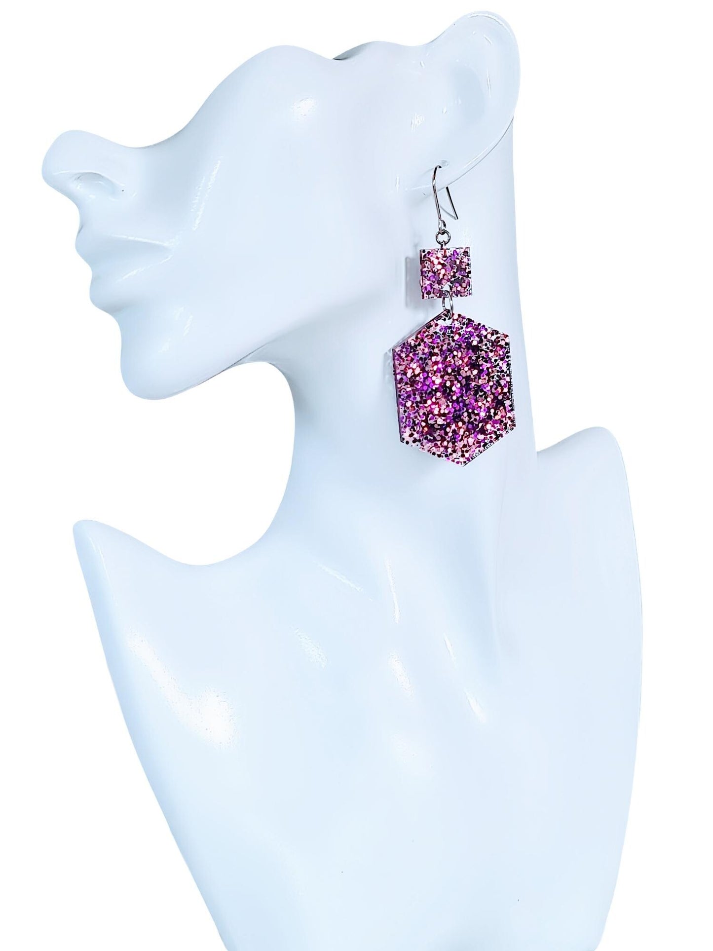 Purple Black Pink Mix Hexagon Square Dangle Drop Hook Earwire Earrings, Glitter Resin Handmade Dangles, Statement Hypoallergenic Earrings