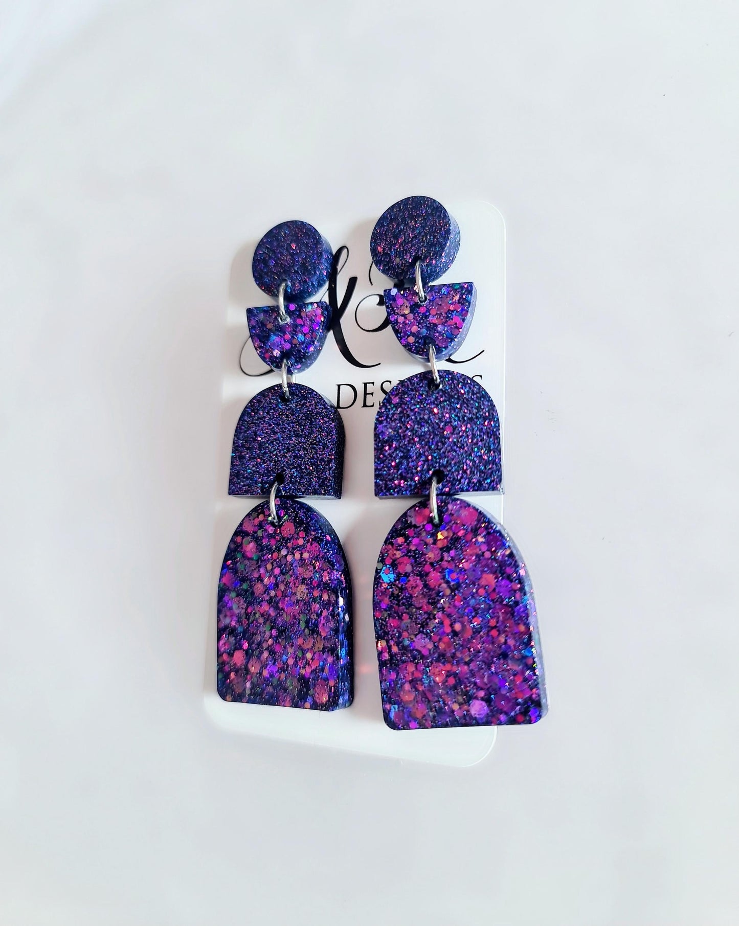 Multi Deep Purple Arch Dangle Earrings, Statement Earrings, Purple Glitter Dangle Stud Earrings