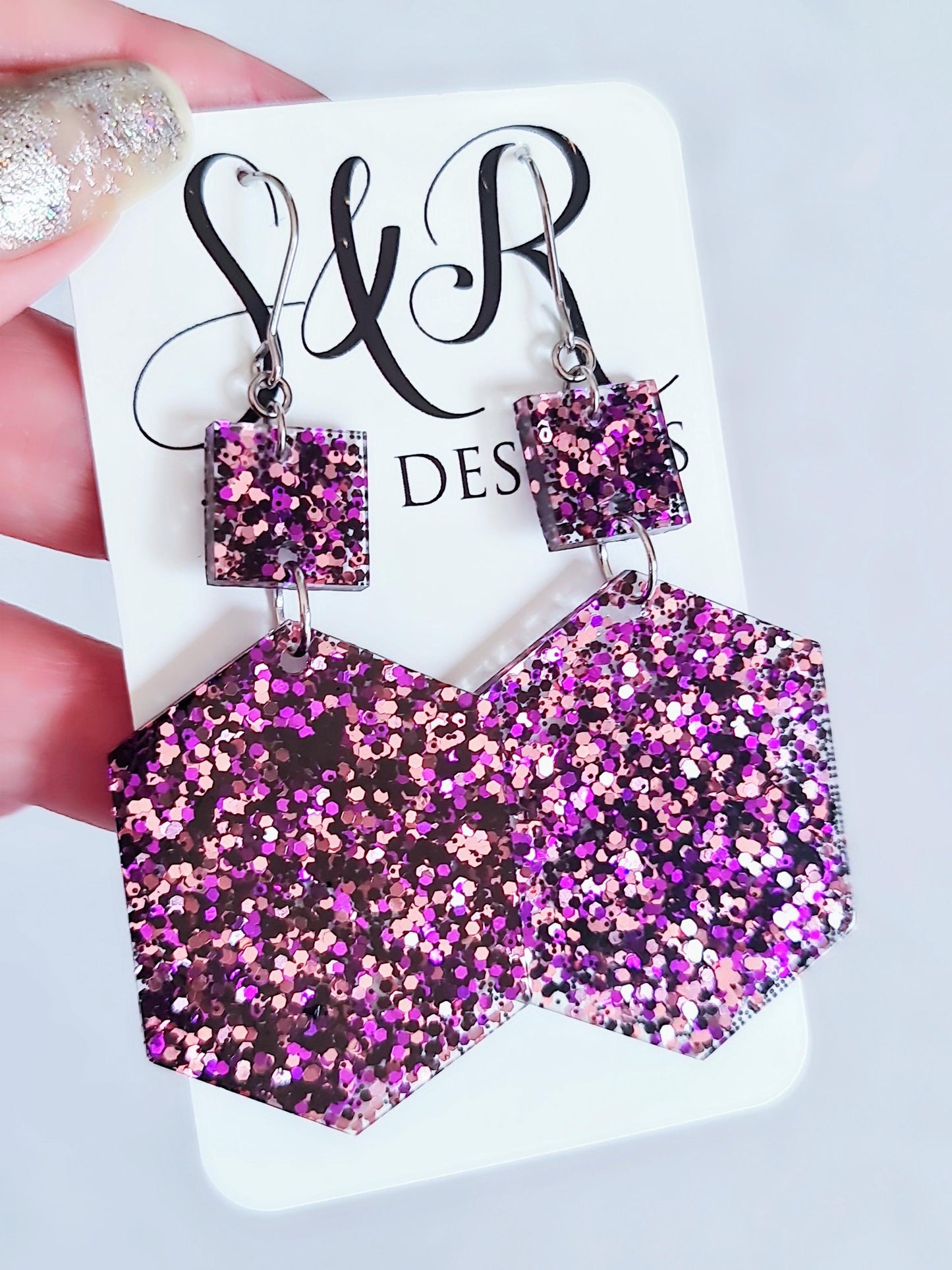 Purple Black Pink Mix Hexagon Square Dangle Drop Hook Earwire Earrings, Glitter Resin Handmade Dangles, Statement Hypoallergenic Earrings