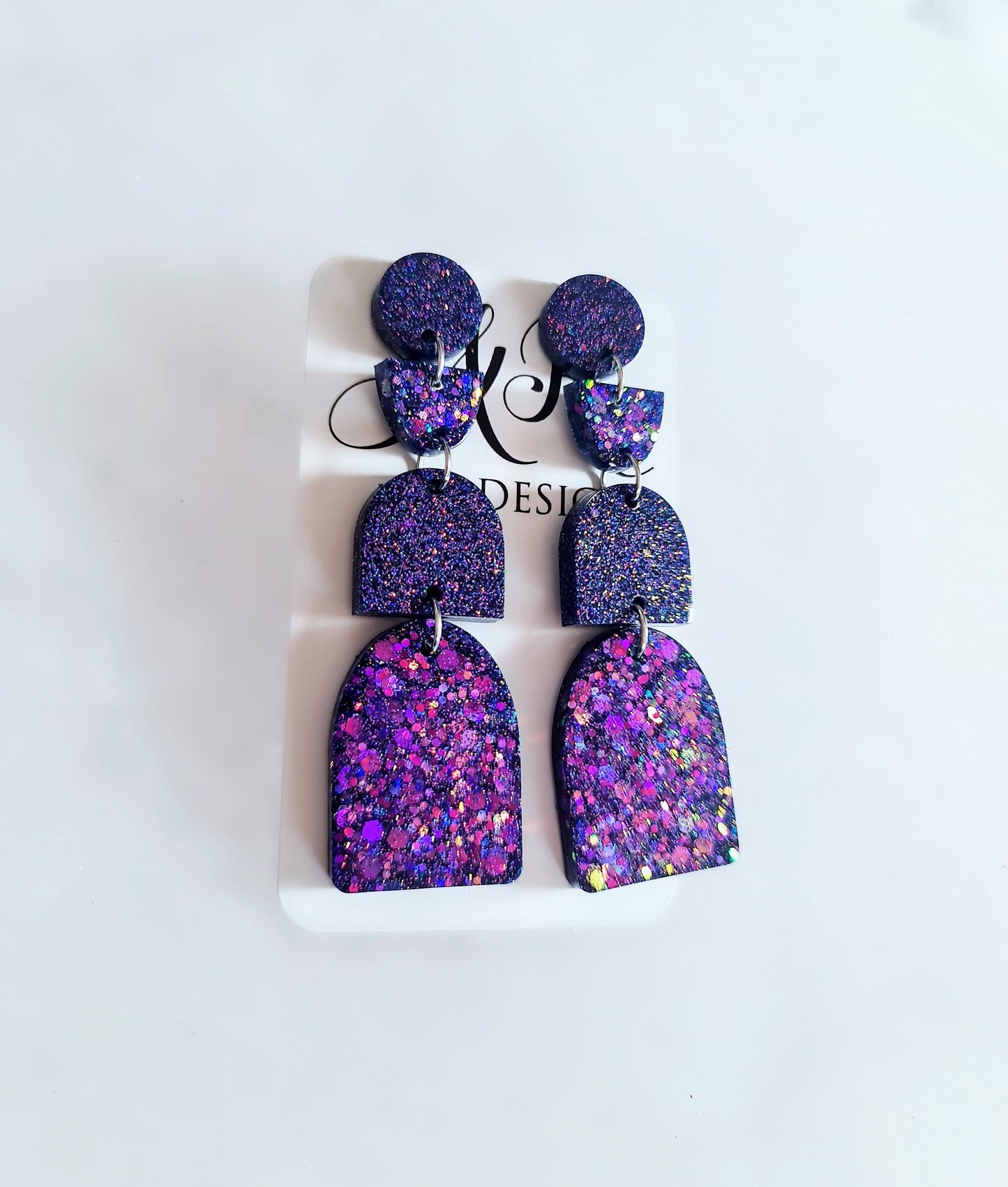 Multi Deep Purple Arch Dangle Earrings, Statement Earrings, Purple Glitter Dangle Stud Earrings
