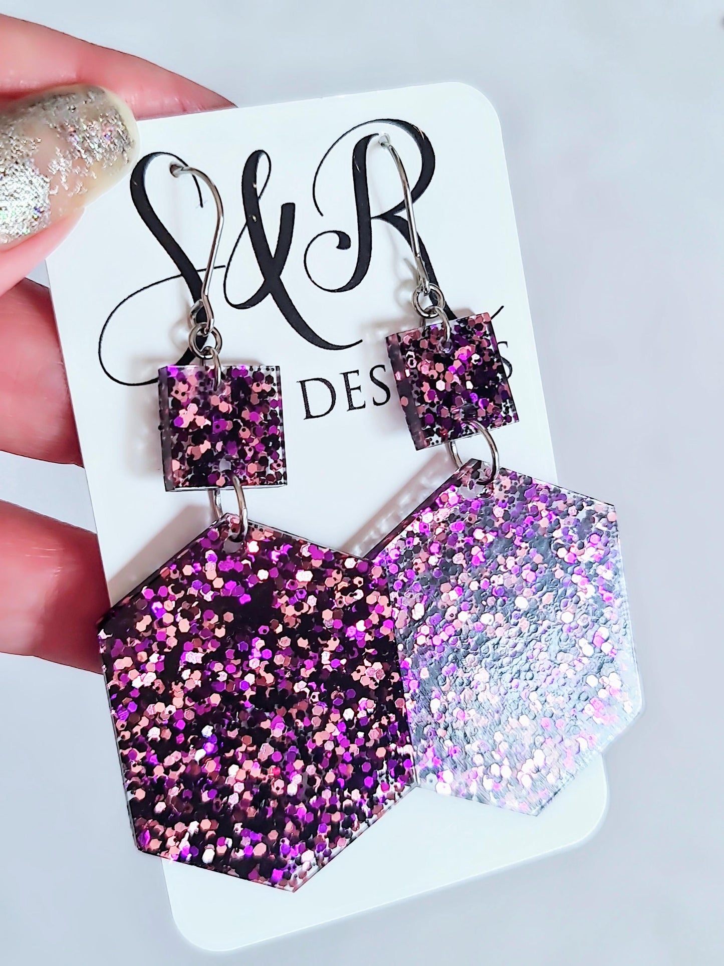 Purple Black Pink Mix Hexagon Square Dangle Drop Hook Earwire Earrings, Glitter Resin Handmade Dangles, Statement Hypoallergenic Earrings