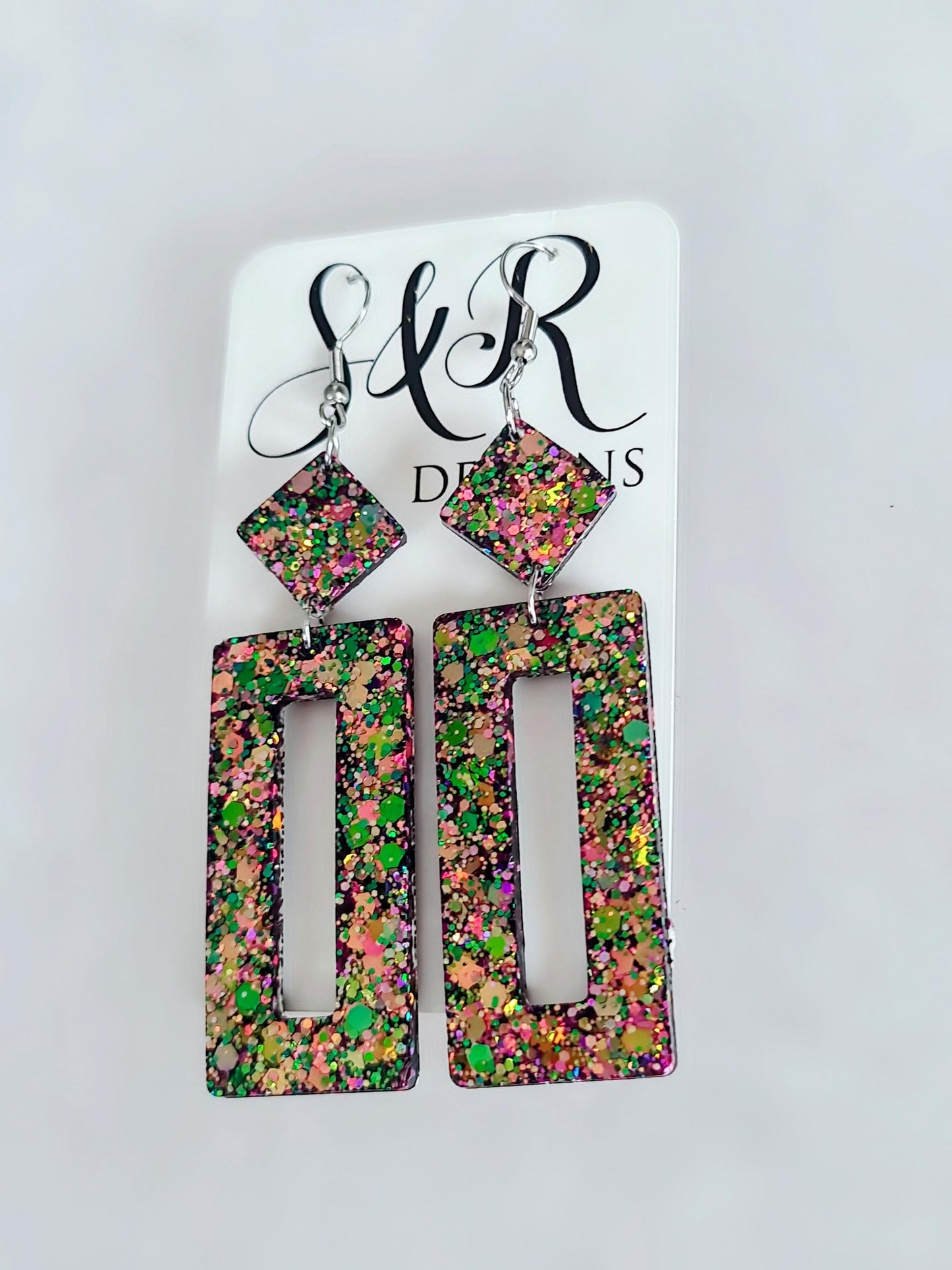 Glamour Chameleon Colour Changing Rectangle Long Dangle Earrings, Changes Green Gold to Pink Purple Glitter Resin Dangle Statement Earrings