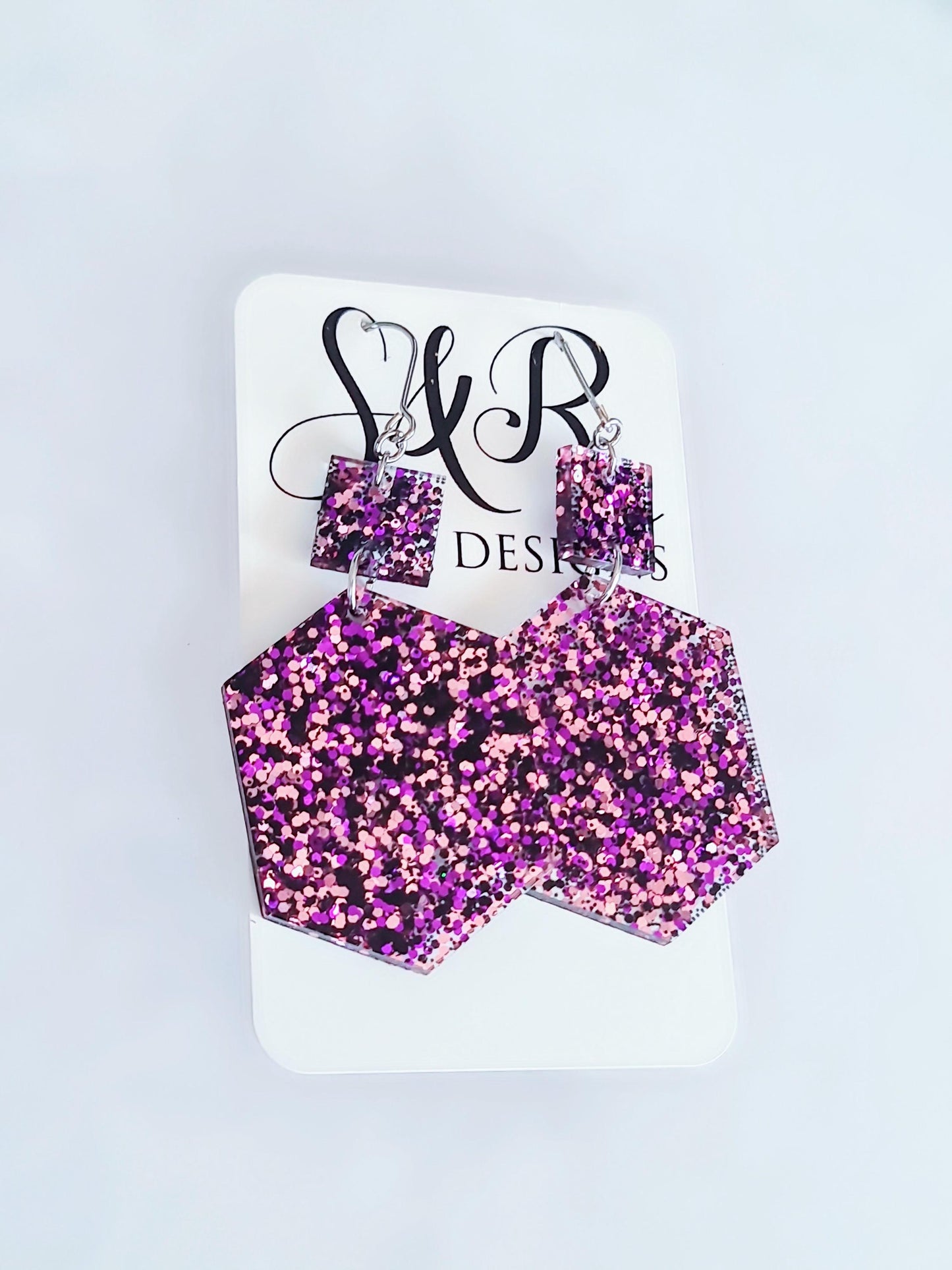 Purple Black Pink Mix Hexagon Square Dangle Drop Hook Earwire Earrings, Glitter Resin Handmade Dangles, Statement Hypoallergenic Earrings