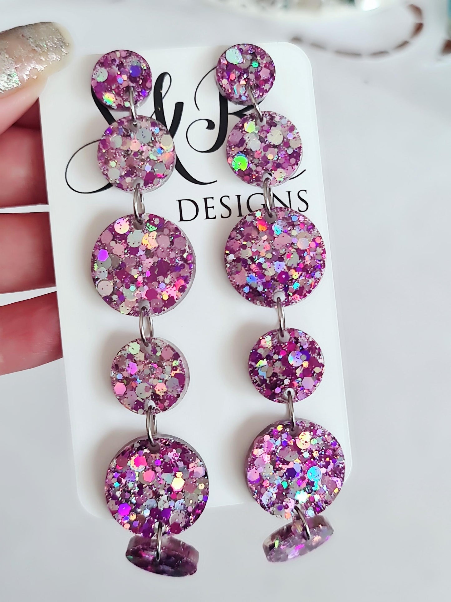 Holographic Glitter Extra Super Long Circle Dangle Statement Earrings, Purple, Mix Pink Silver Shoulder Duster Earrings 12.5cm long